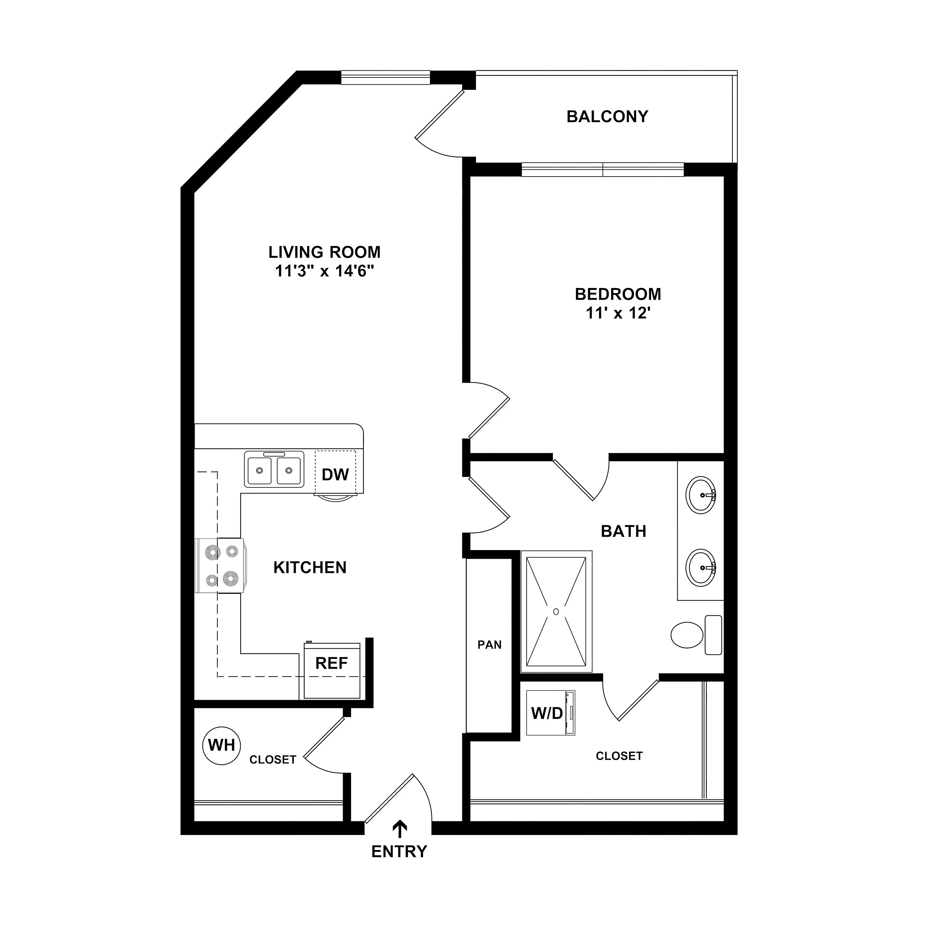 Inviting floor plan featuring a spacious living room with balcony access, modern kitchen, cozy bedroom, and luxurious bathroom. Compact yet functional layout with convenient washer/dryer and ample storage.