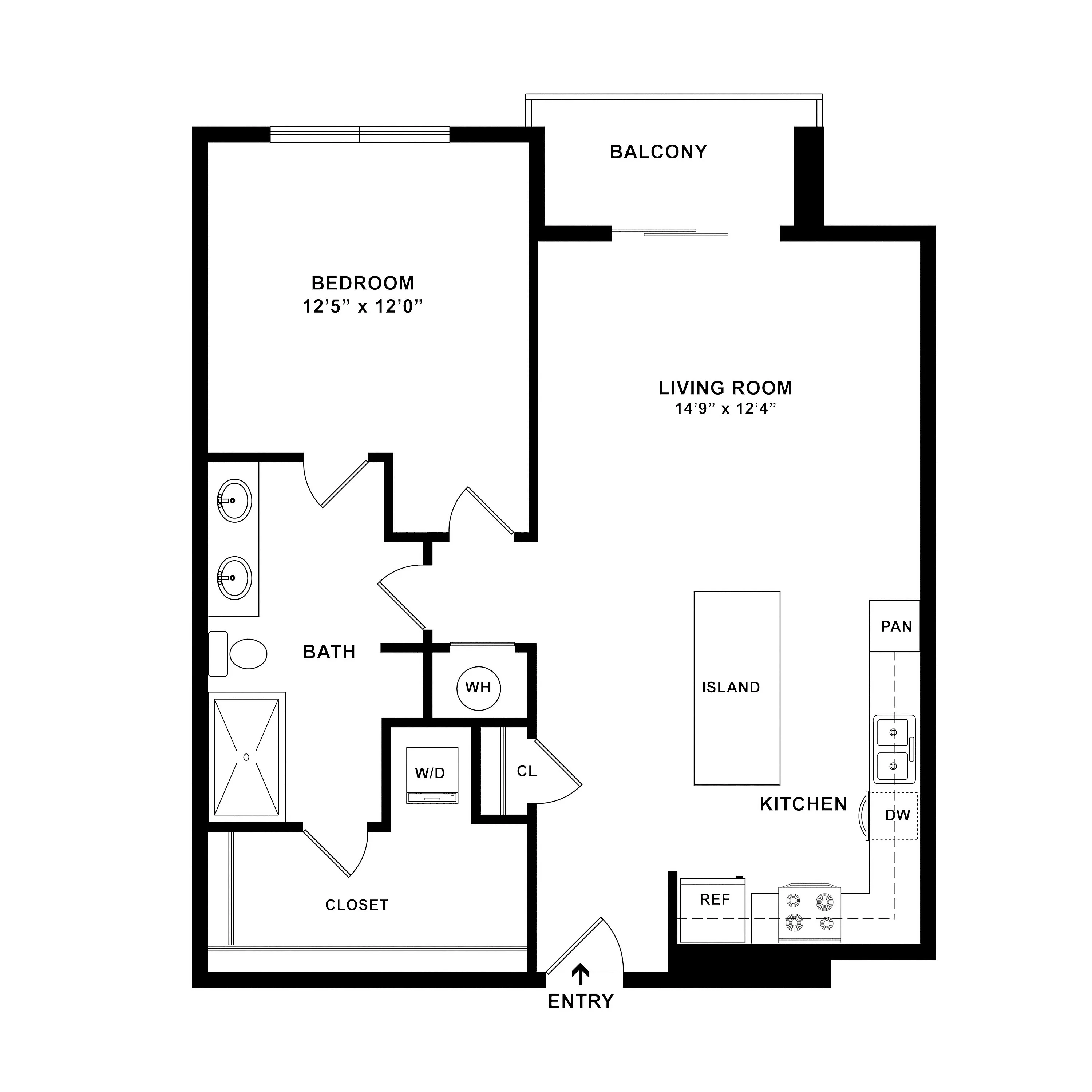 Chic apartment floor plan featuring a spacious bedroom, modern kitchen with island, open living room, and private balcony.