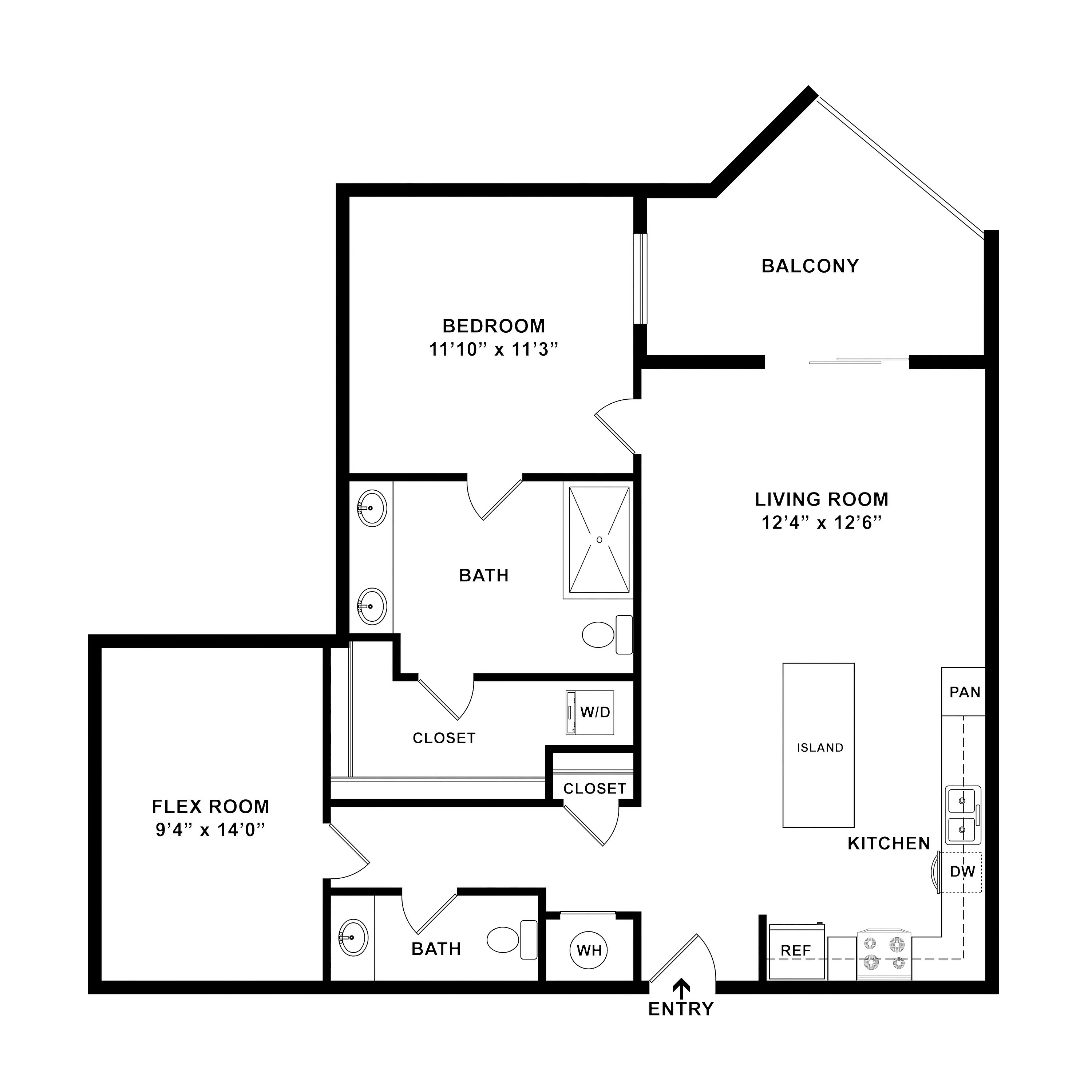 Modern floor plan showcasing a spacious bedroom, flex room, open-concept living area with kitchen island, and a large balcony.