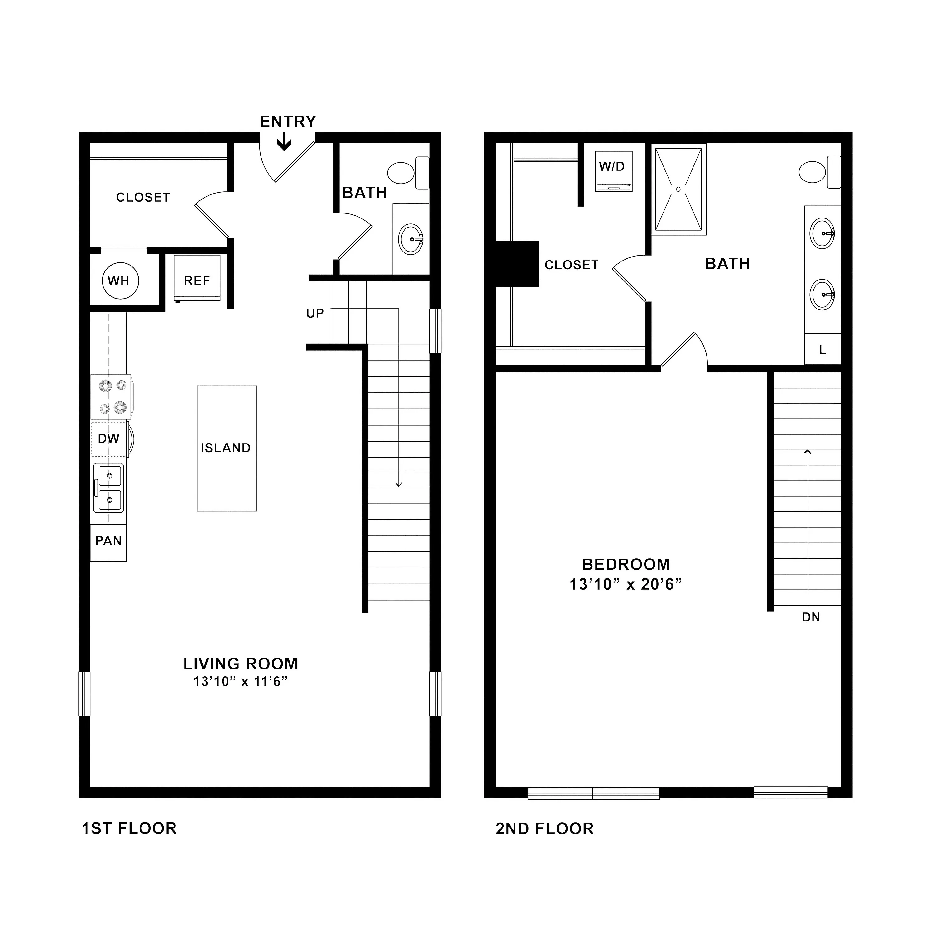 Inviting 2-story floor plan showcasing a spacious kitchen with island, cozy living room, and elegant upstairs bedroom with walk-in closet.