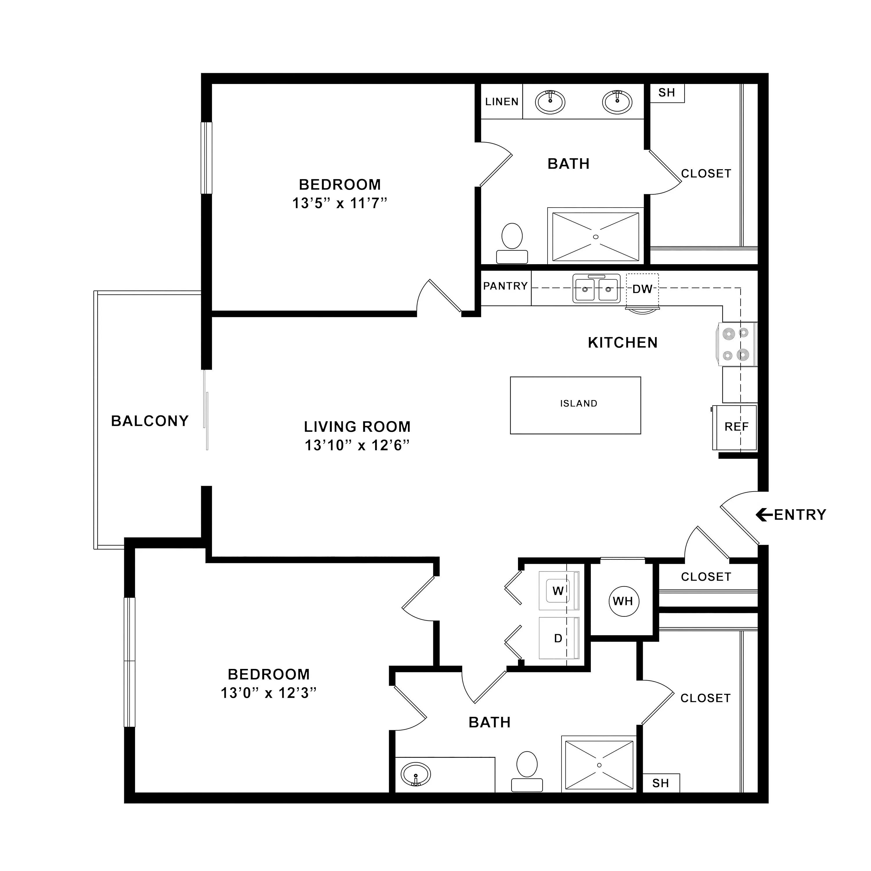 Modern apartment floor plan featuring 2 spacious bedrooms, a stylish kitchen with an island, an open-concept living room, and a relaxing balcony.