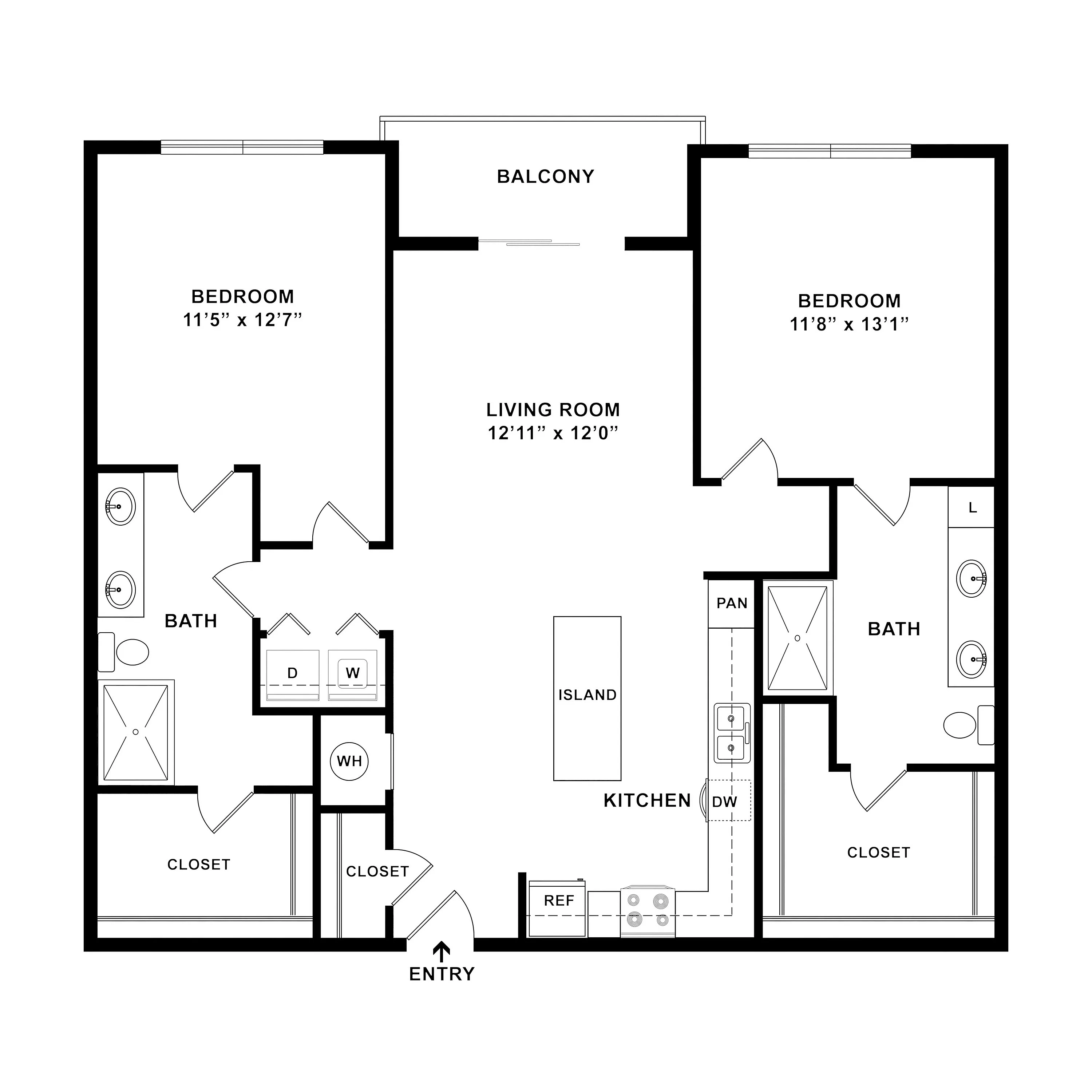 Elegant floor plan showcasing 2 spacious bedrooms, modern kitchen with island, cozy living room, 2 bathrooms, and private balcony.