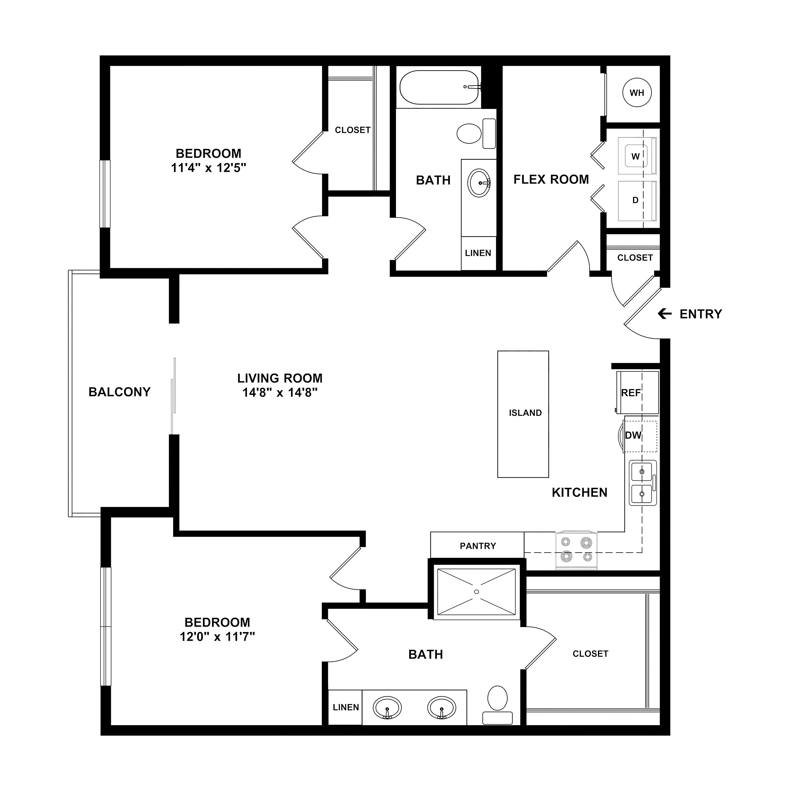 Inviting 2D floor plan showcasing 2 spacious bedrooms, flex room, contemporary kitchen with an island, and open living area leading to a balcony.