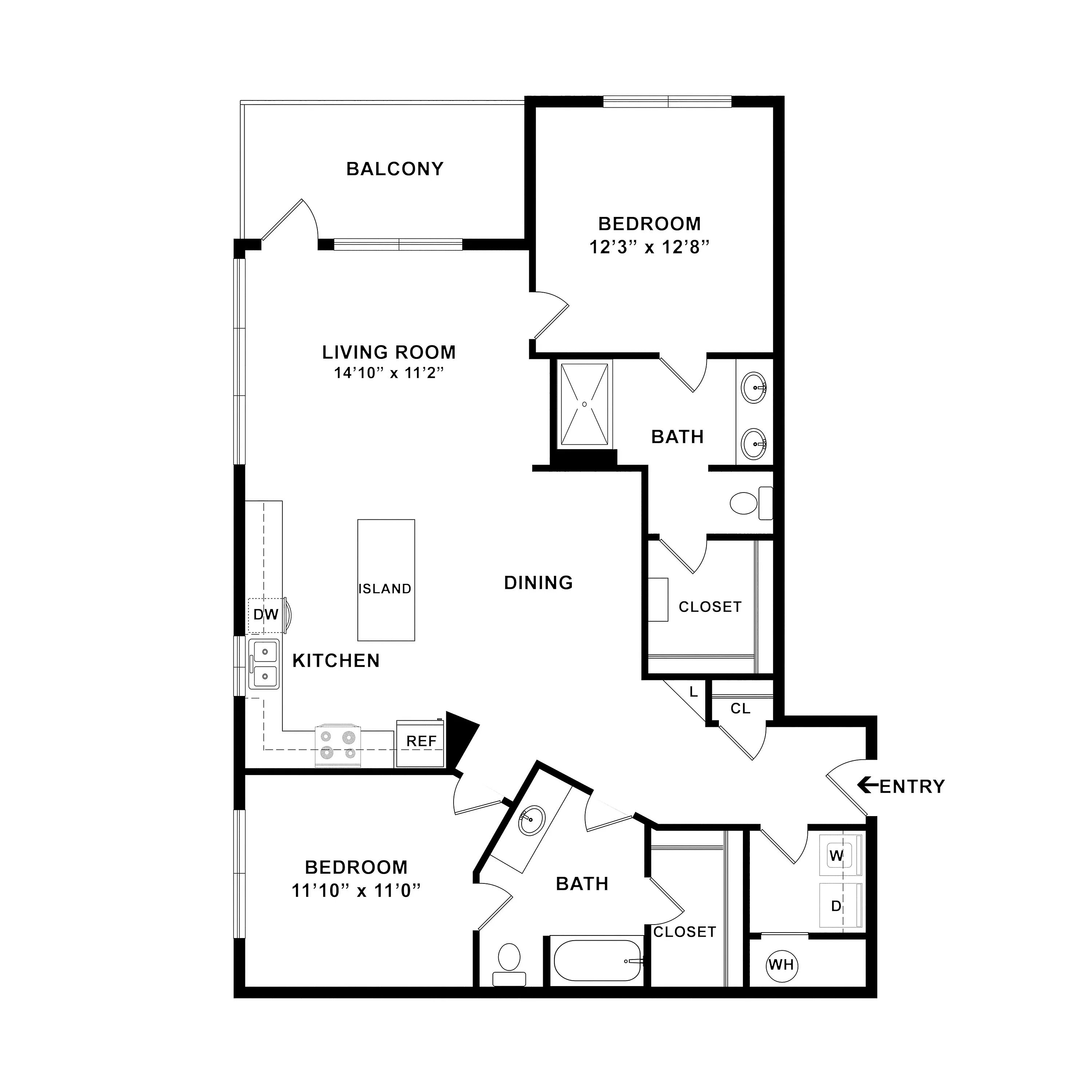 Modern 2-bedroom floor plan with open kitchen, spacious living room, balcony, and dual bathrooms.