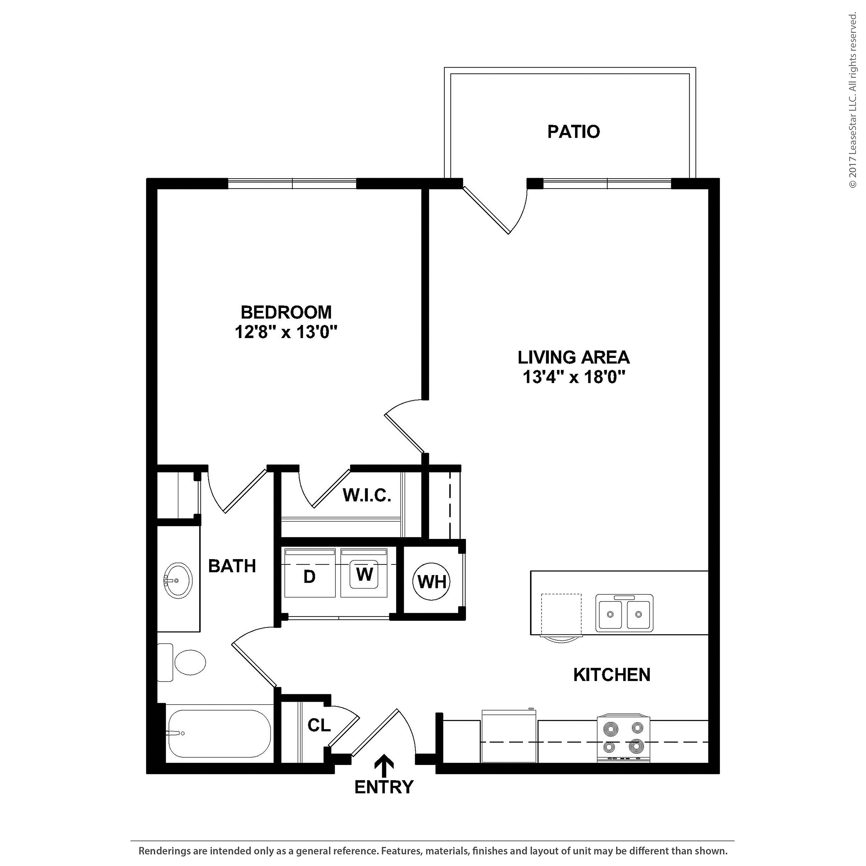 Modern 1-bedroom apartment floor plan with spacious living area, stylish kitchen, and private patio.