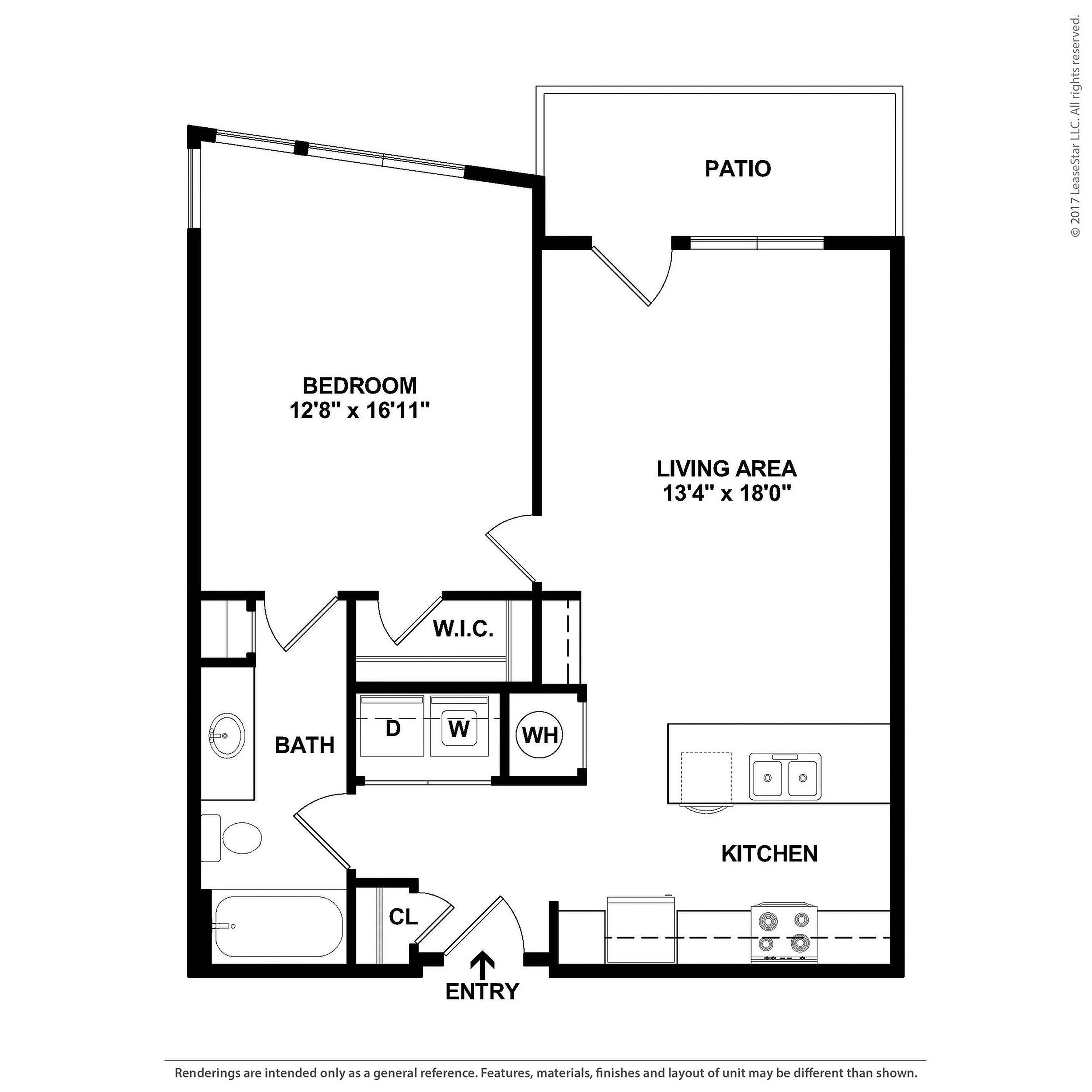 Chic floor plan showcasing a spacious 1-bedroom layout with a large living area, modern kitchen, and inviting patio access.