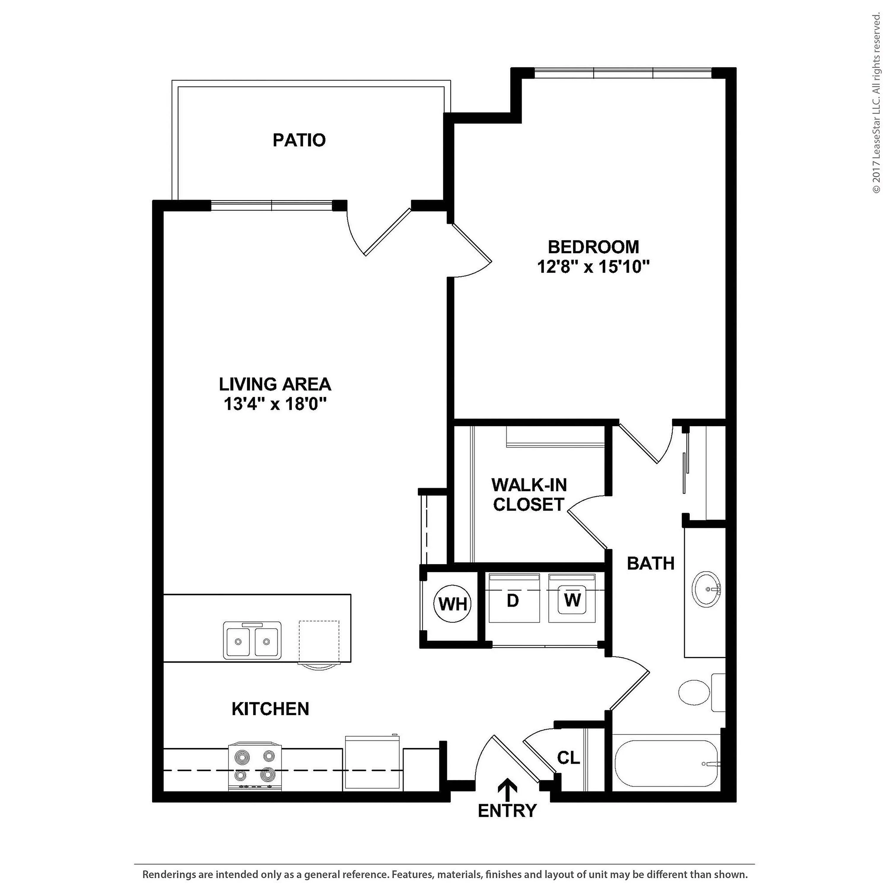Modern floor plan showcasing one bedroom with a walk-in closet, spacious living area connected to a patio, and a well-appointed kitchen with adjacent laundry space.