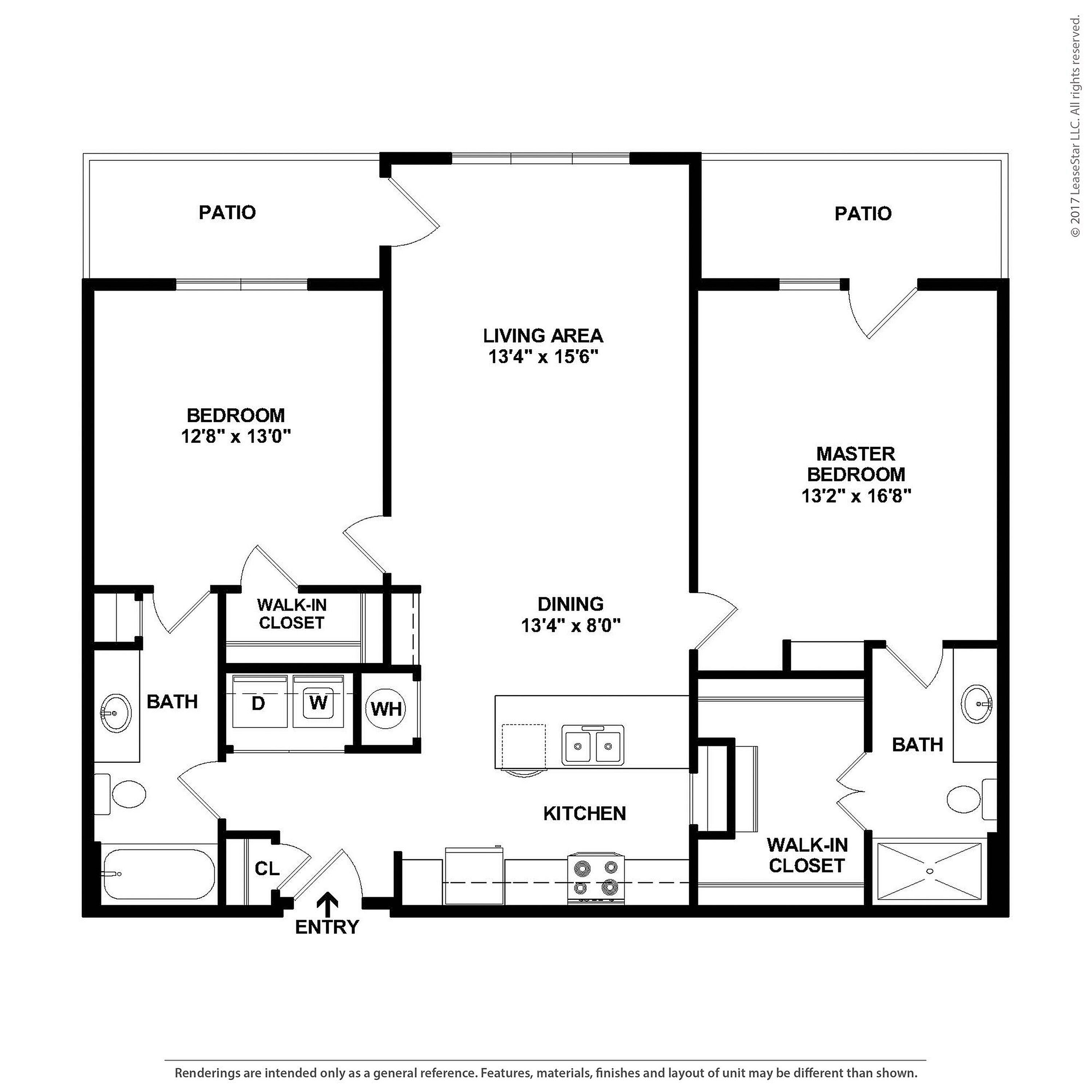 Inviting 2D floor plan showcasing 2 bedrooms with walk-in closets, spacious living area, modern kitchen, and dual patios.