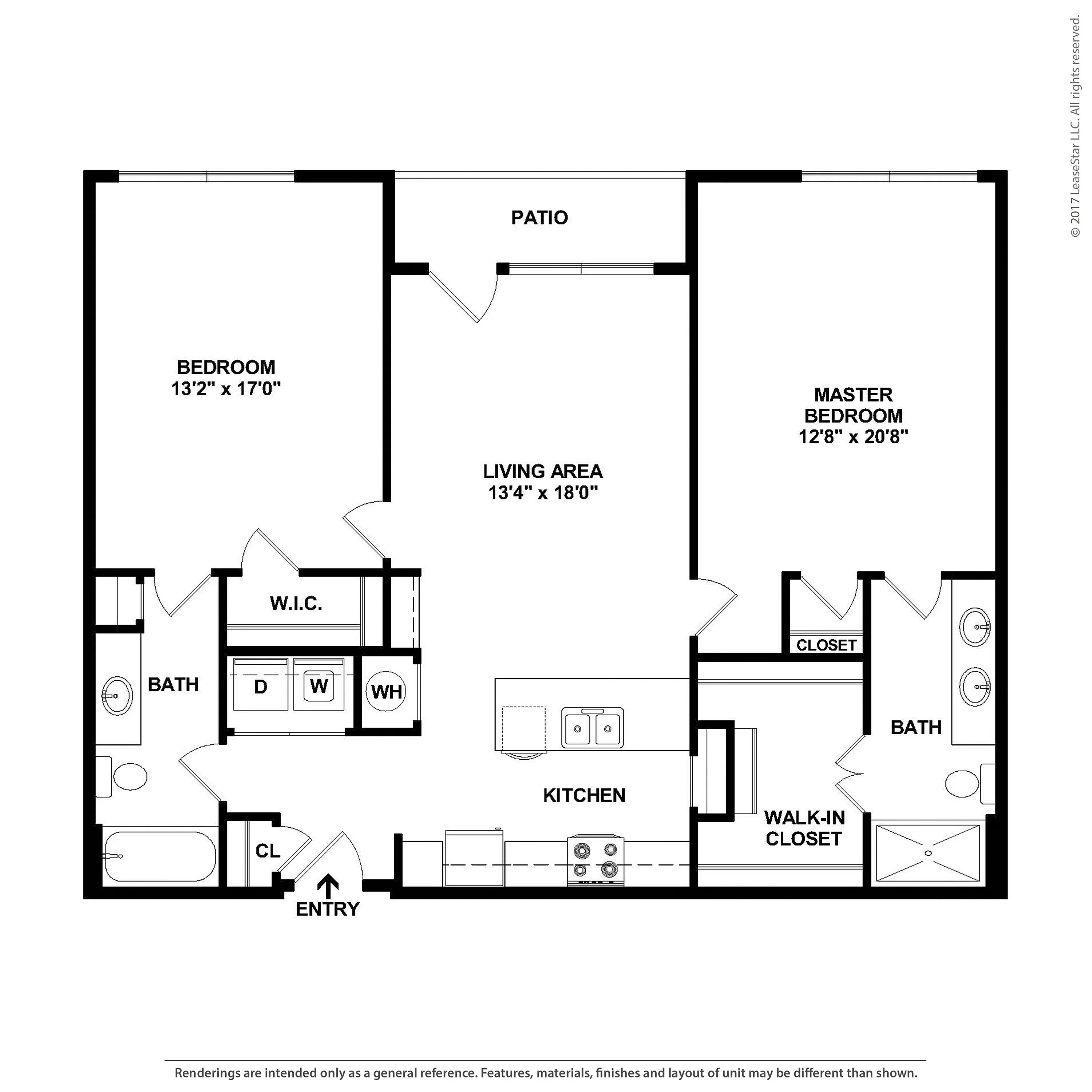 Modern floor plan showcasing 2 spacious bedrooms, a sleek kitchen, and expansive living area with a patio. Includes 2 baths, walk-in closet, and washer/dryer space.