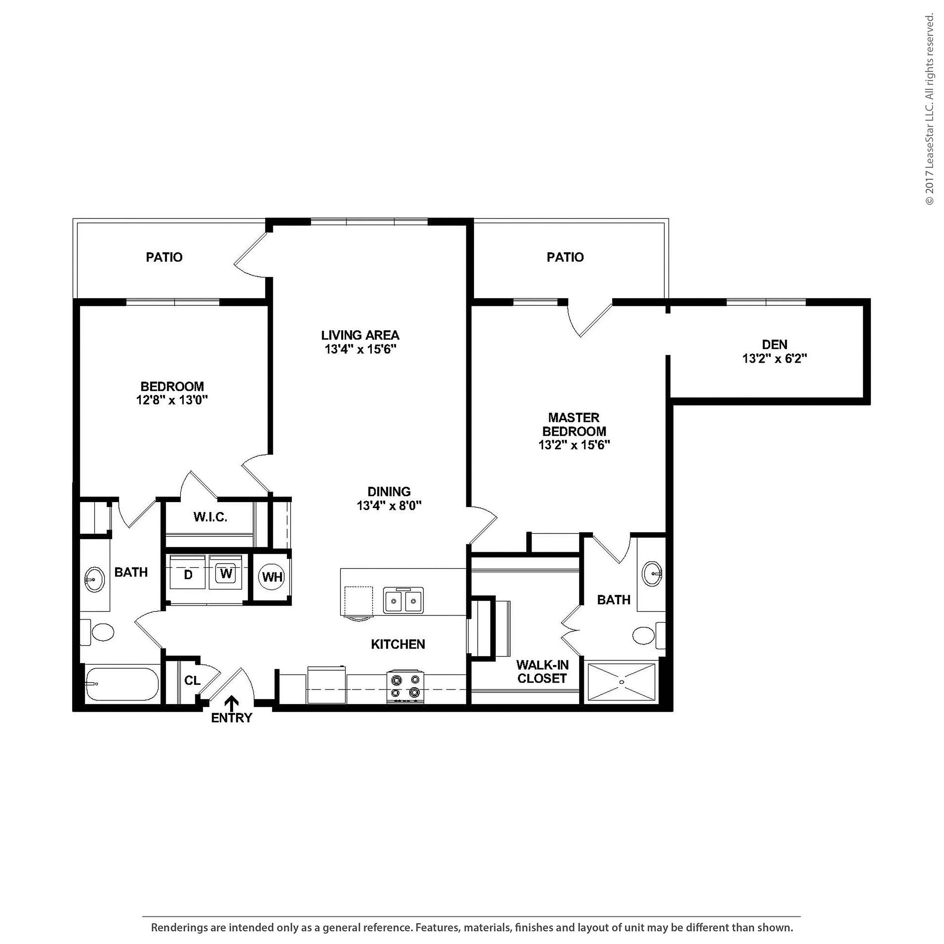 Elegant apartment floor plan with 2 bedrooms, spacious living area, modern kitchen, two bathrooms, a cozy den, and dual patios.