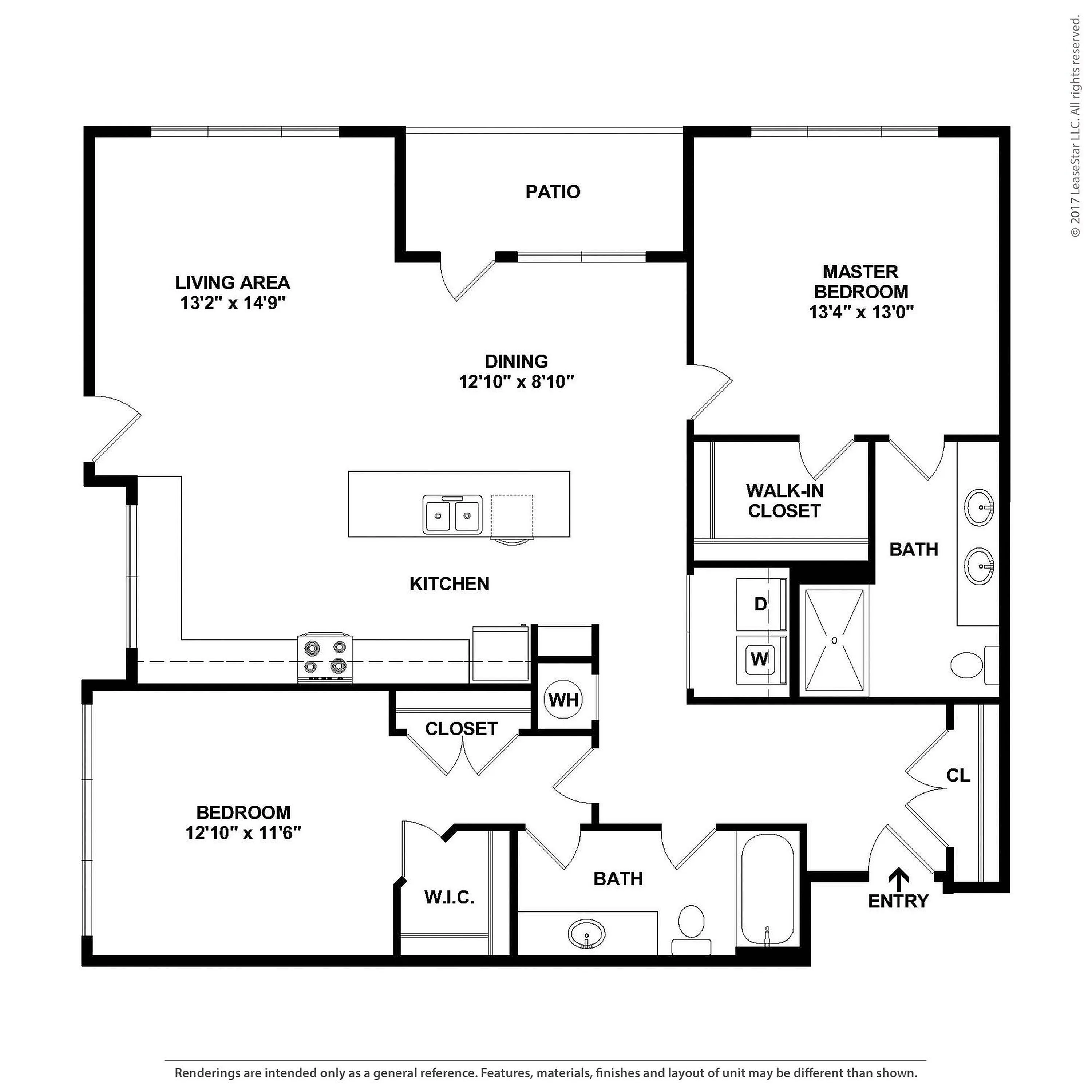 Modern apartment floor plan featuring 2 spacious bedrooms, open kitchen with dining area, relaxing living room, and patio access.