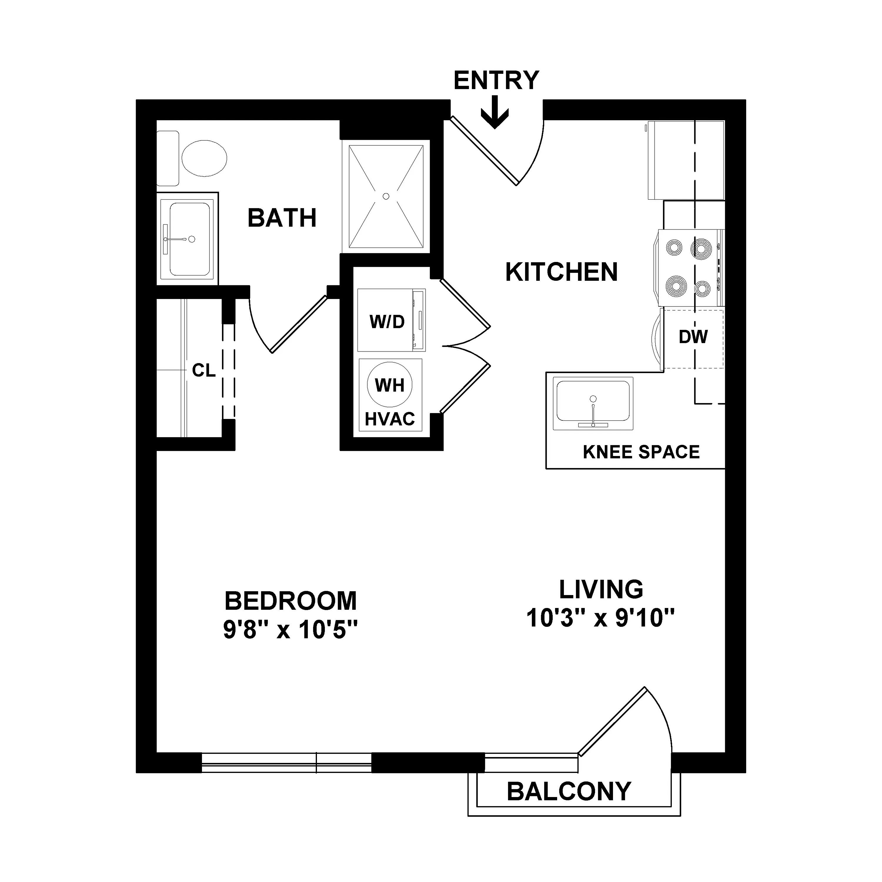 Chic floor plan highlighting a cozy 1-bedroom apartment with a modern kitchen, spacious living area, and private balcony.