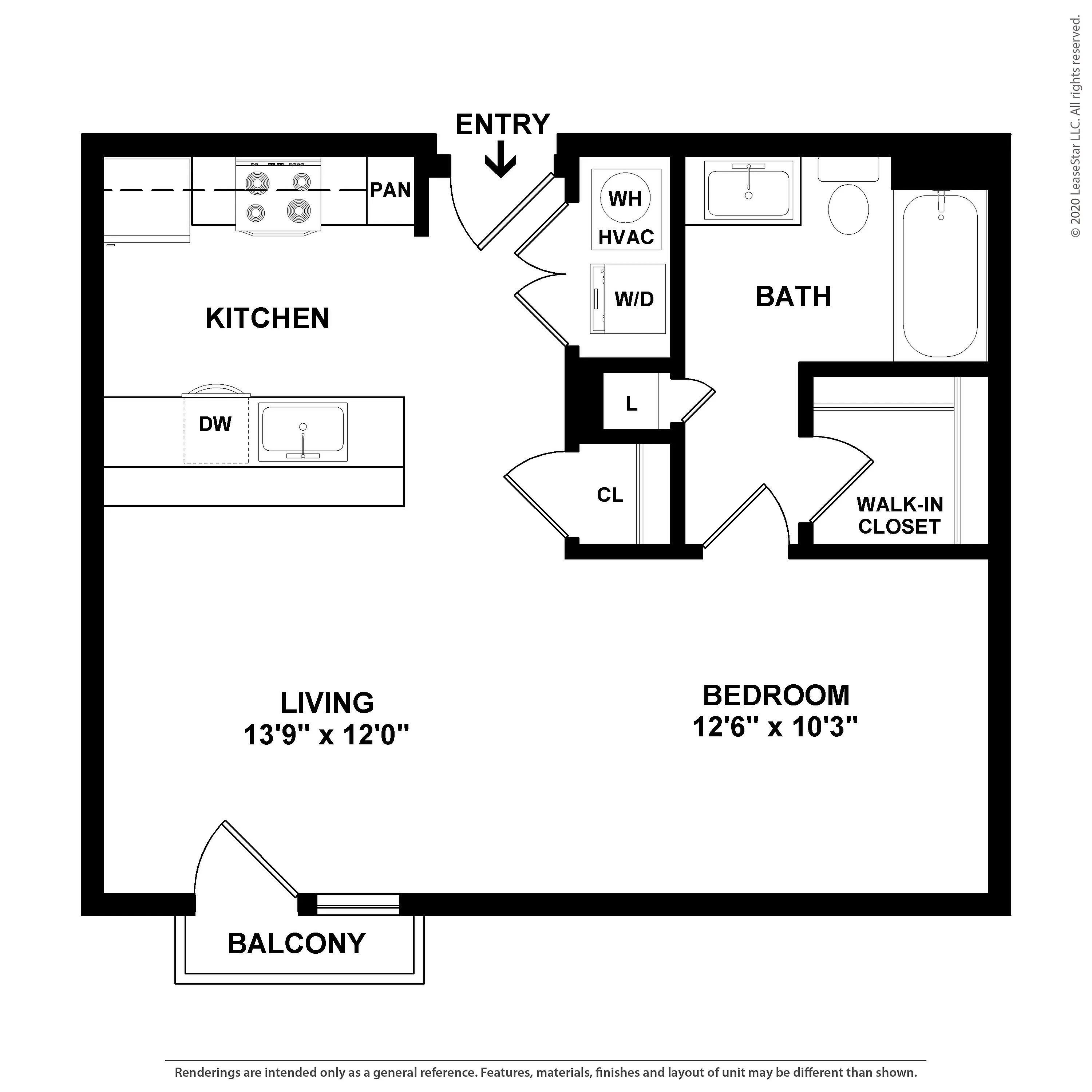 Modern floor plan showcasing 1 bedroom with walk-in closet, open kitchen, spacious living area, and a charming balcony.