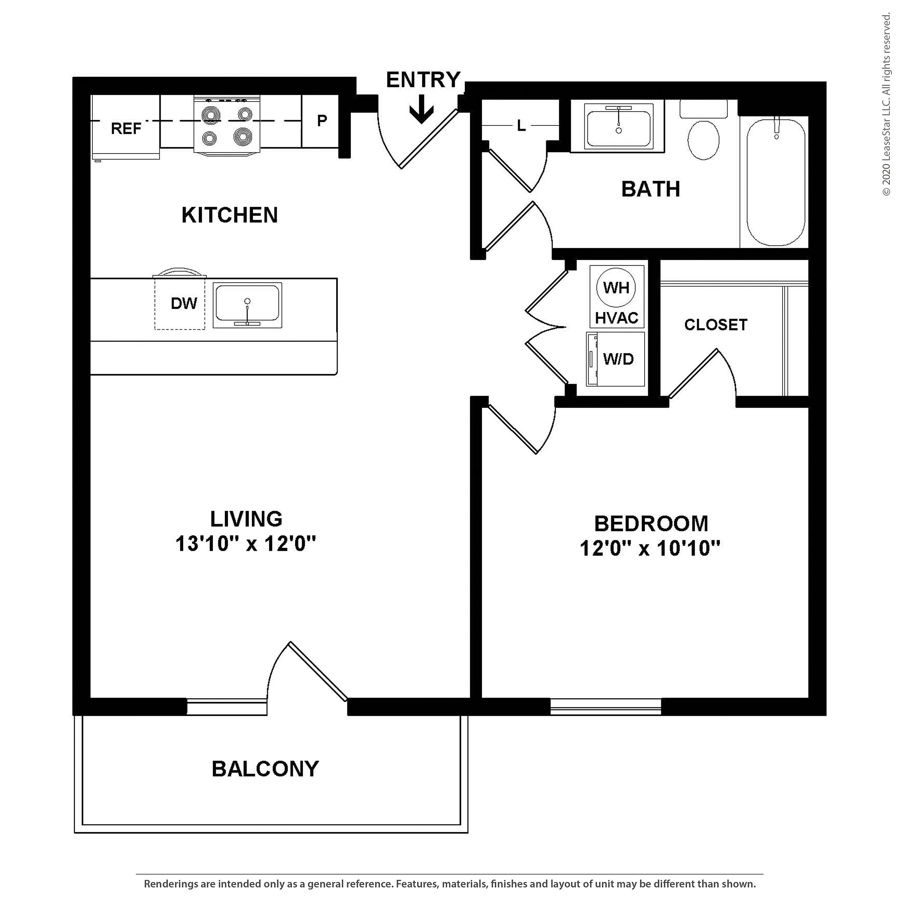 Modern floor plan showcasing a spacious one-bedroom apartment with a sleek kitchen, open living area, and private balcony.