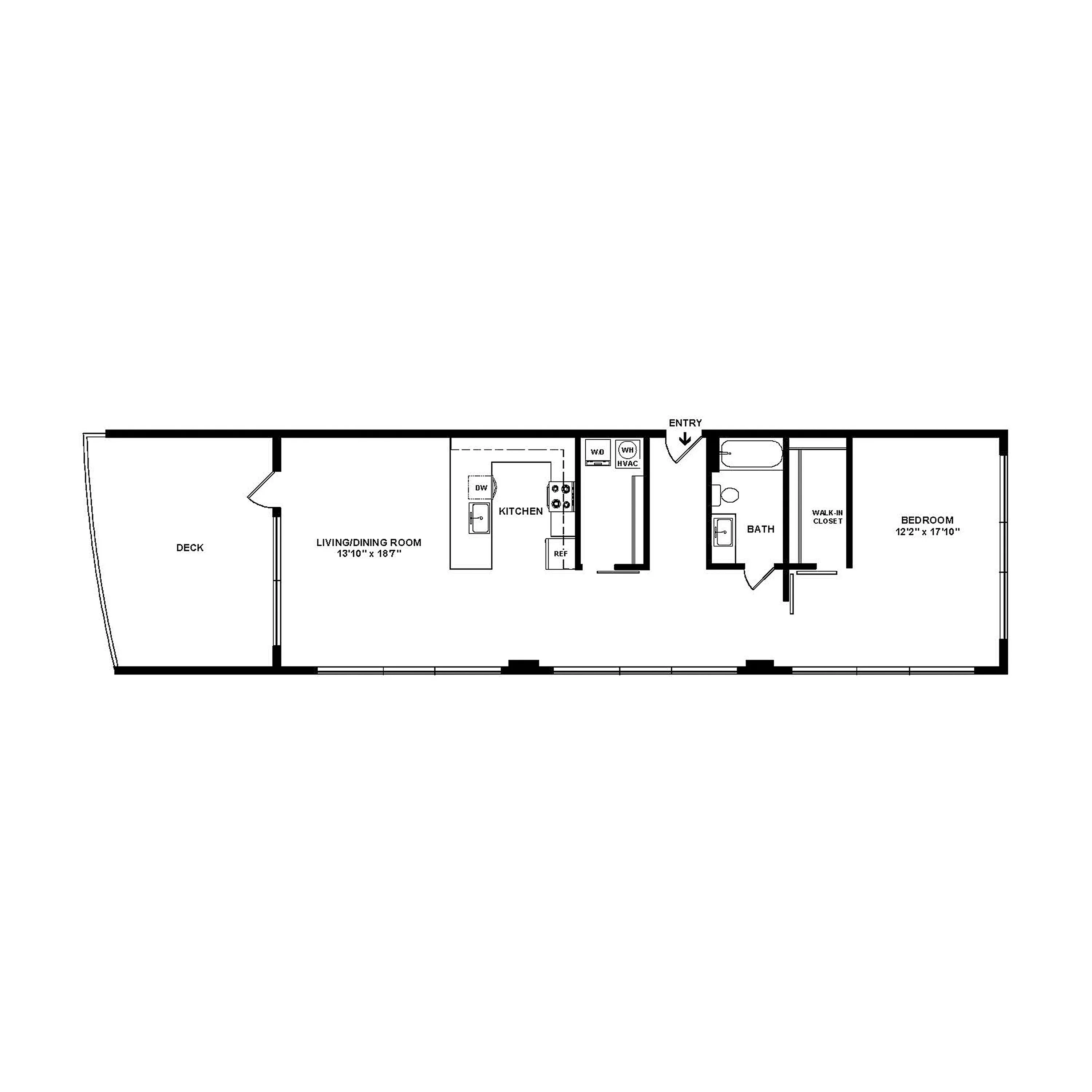Modern floor plan featuring 1 spacious bedroom, stylish kitchen, and expansive living/dining area with attached deck.