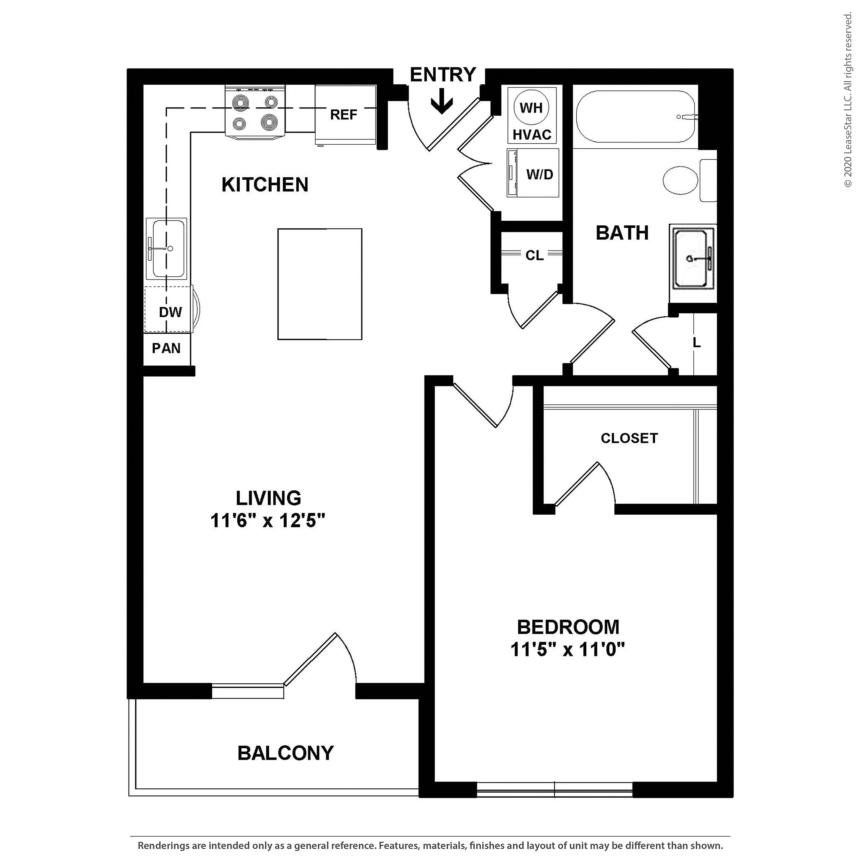 Inviting floor plan showcasing 1 bedroom, open kitchen with modern appliances, spacious living area, and private balcony.