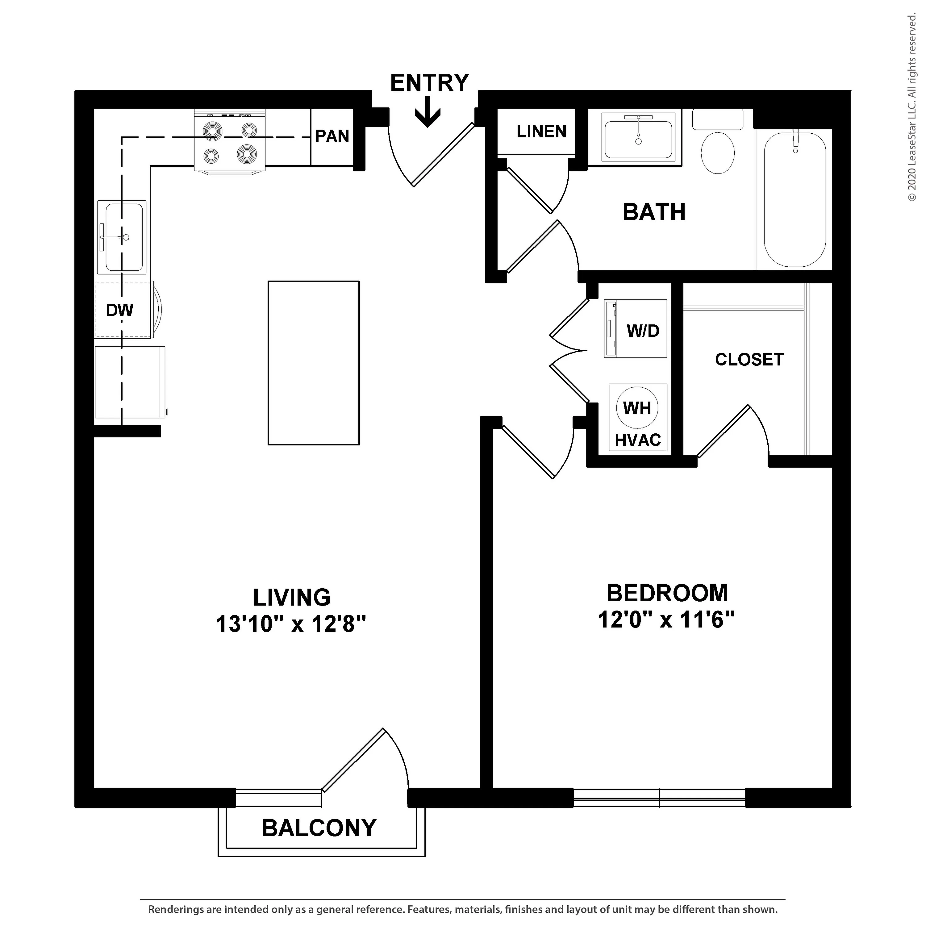 Modern 1-bedroom apartment floor plan featuring an open living area with a kitchen island, a spacious bathroom, and a private balcony.