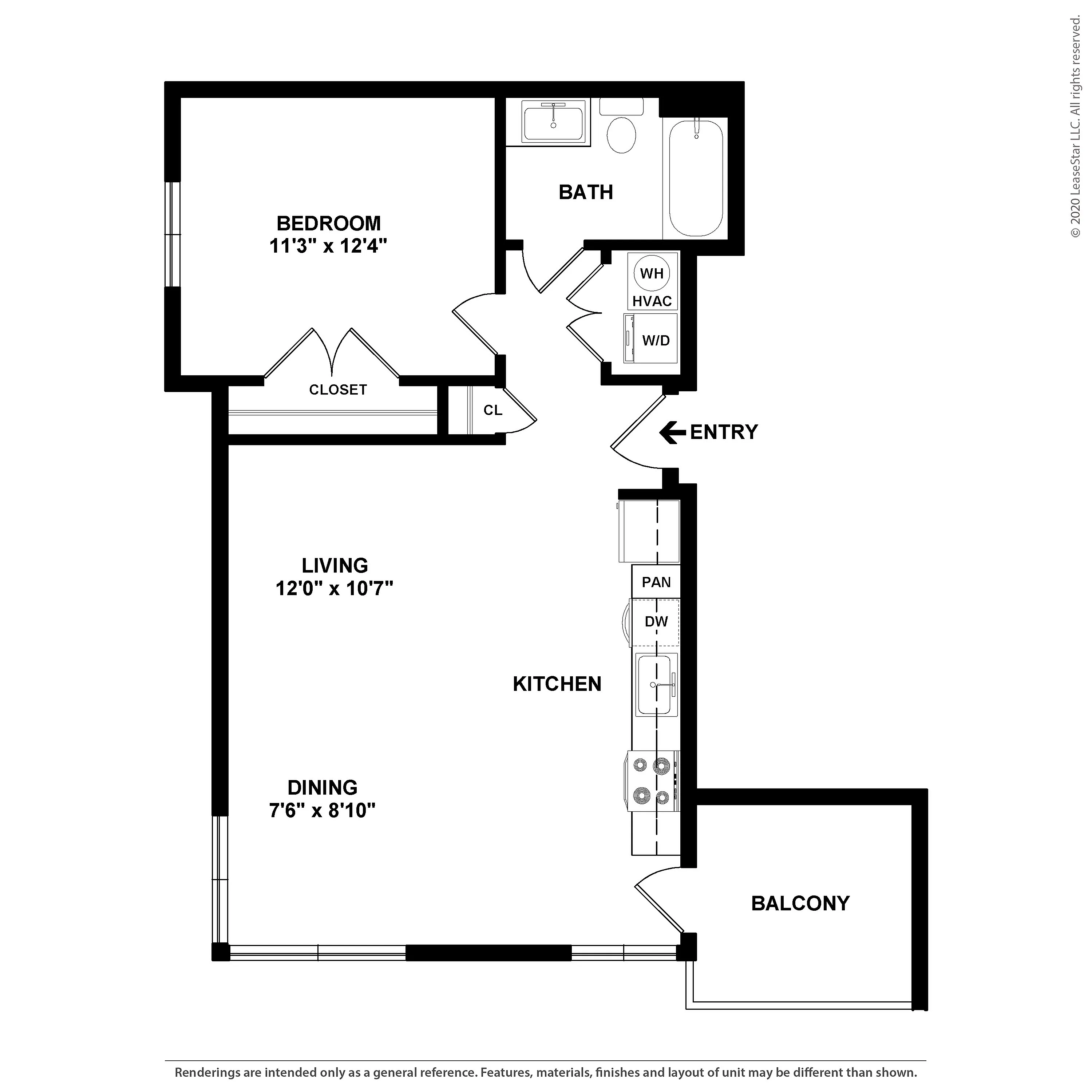 Modern apartment floor plan featuring 1 spacious bedroom, open living and dining area, well-equipped kitchen, and inviting balcony.