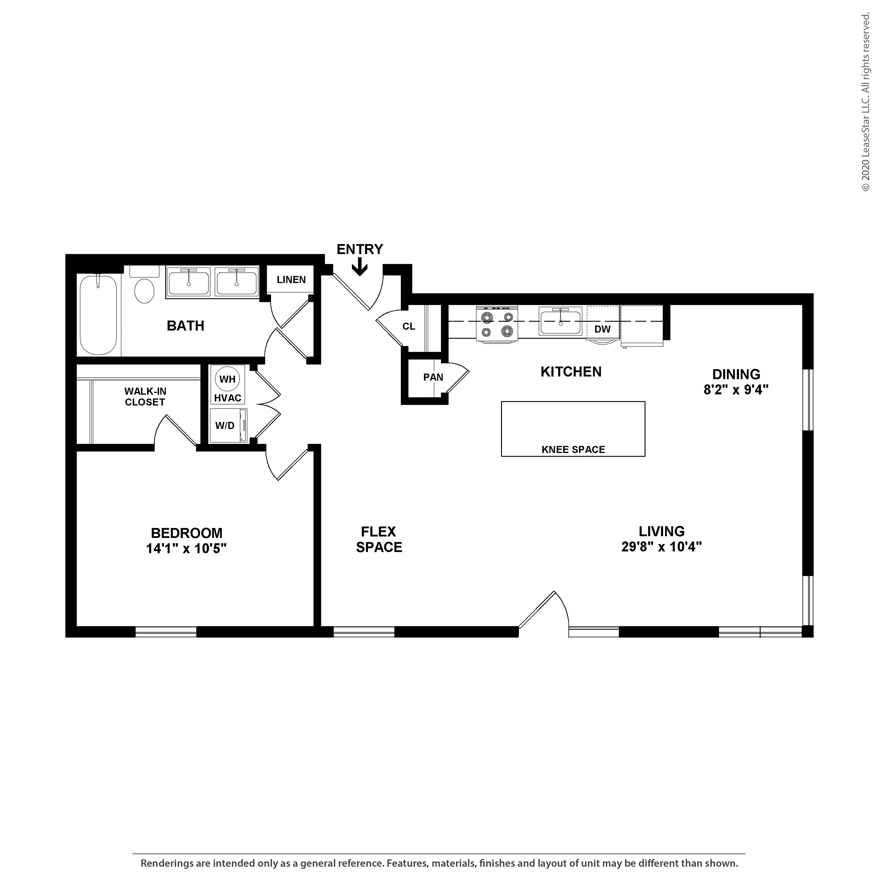 Modern floor plan showcasing a spacious one-bedroom apartment featuring a luxurious bath, open kitchen with peninsula, dining area, versatile flex space, and expansive living room.