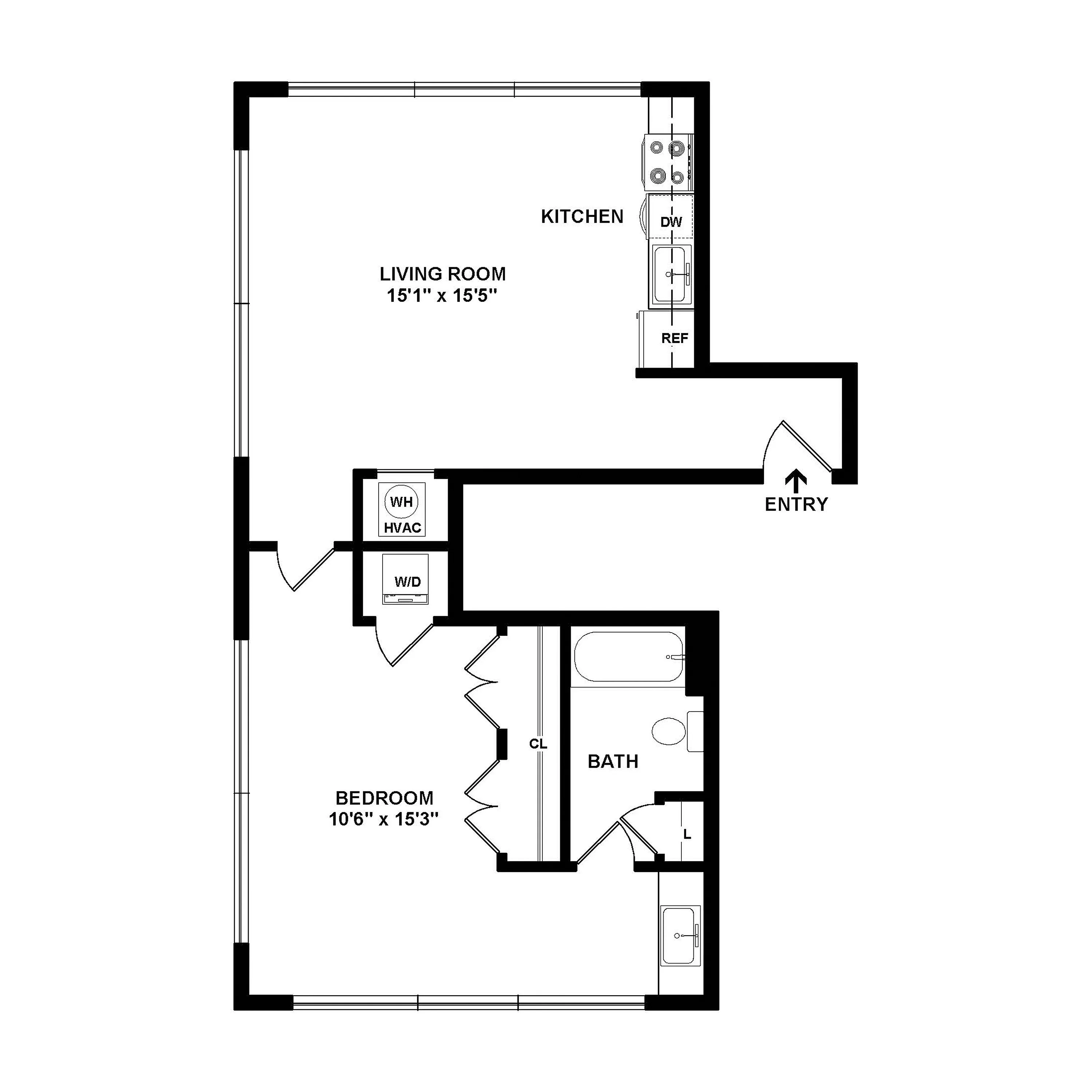 Chic 1-bedroom apartment floor plan with a spacious living room, modern kitchen, and stylish bath layout.