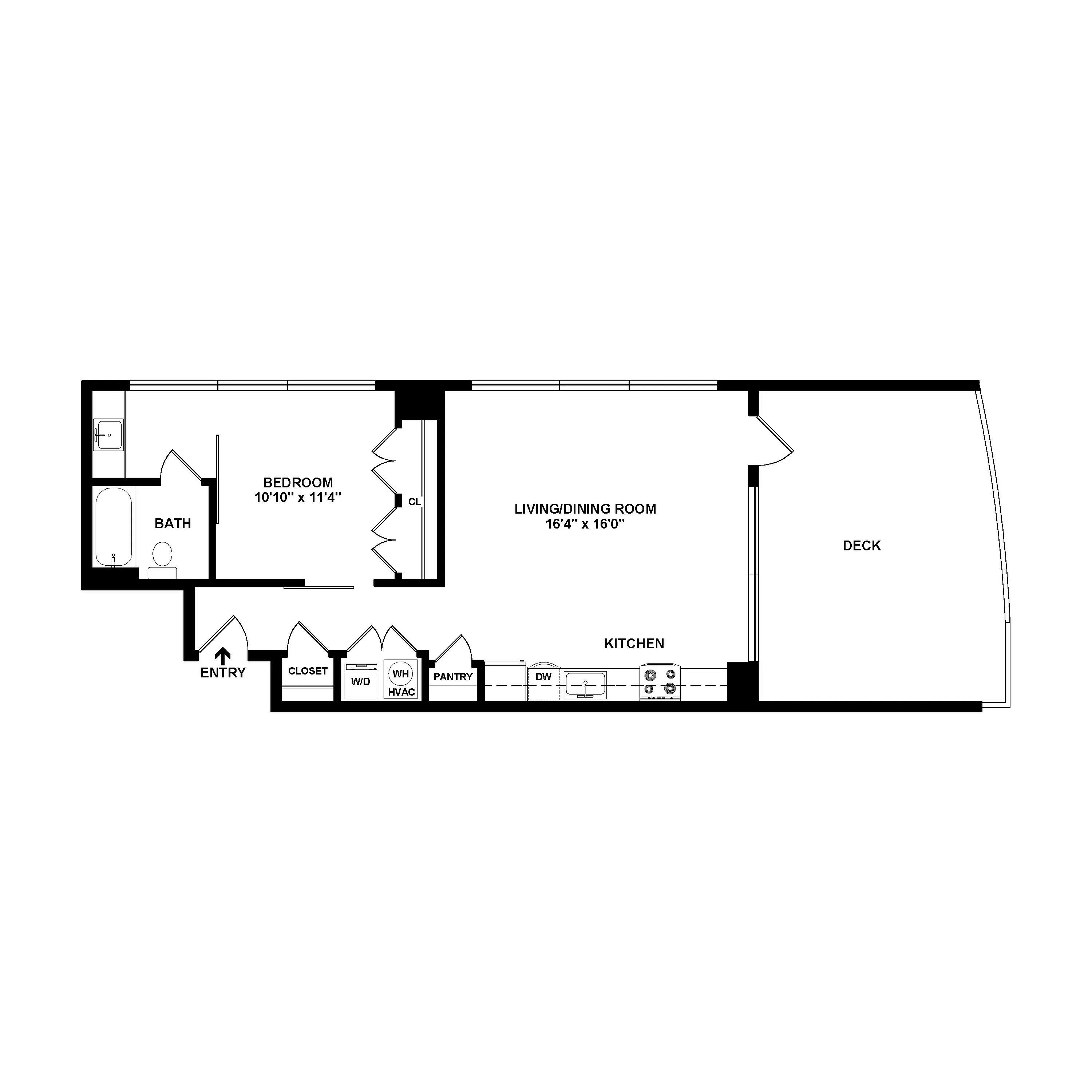 Modern floor plan showcasing a spacious living/dining room, stylish kitchen, cozy bedroom, and expansive deck for outdoor enjoyment.