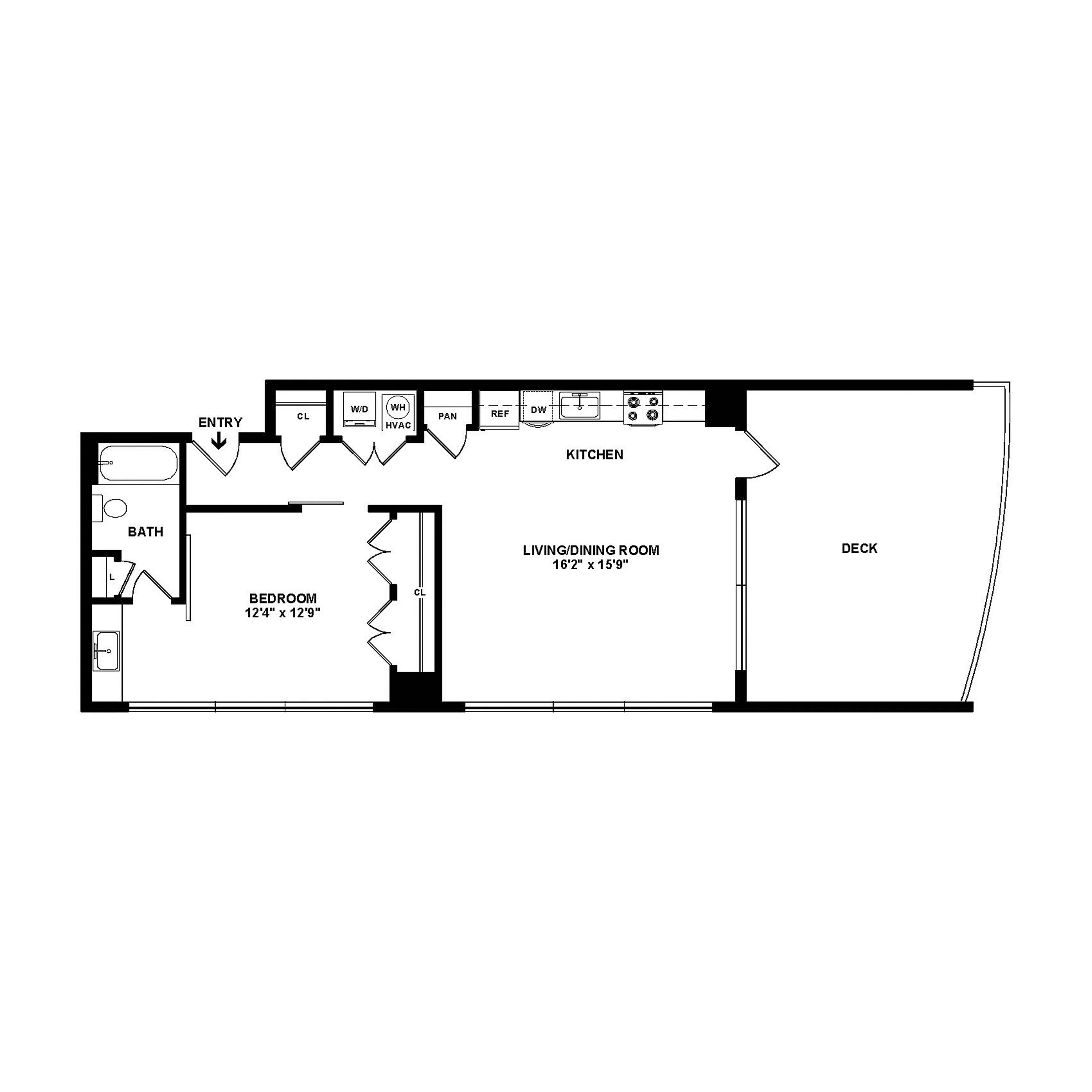 Modern floor plan showcasing a spacious 1-bedroom apartment with an open living/dining area, stylish kitchen, and expansive deck.