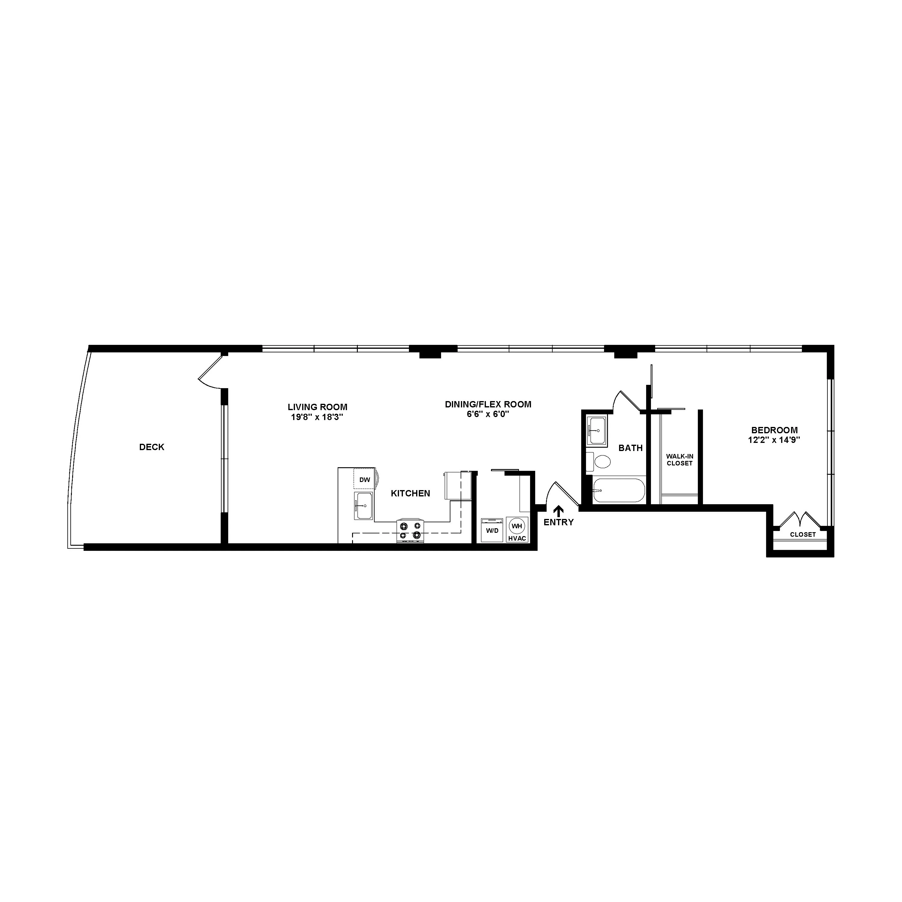 Modern apartment floor plan featuring one spacious bedroom, open-concept living room, dining/flex room, stylish kitchen, and a private deck.