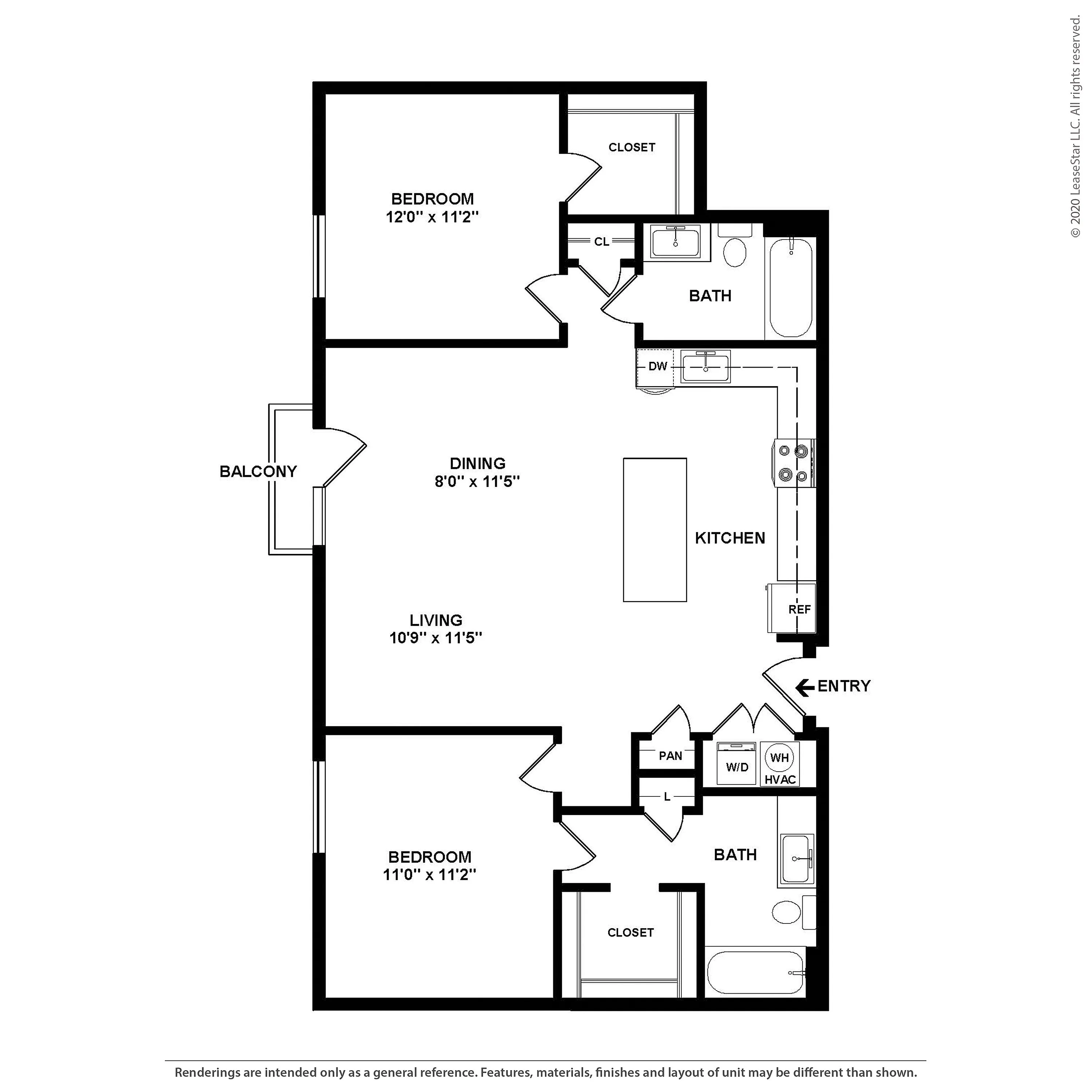 Elegant floor plan showcasing two bedrooms, open kitchen with island, spacious living area, and private balcony.