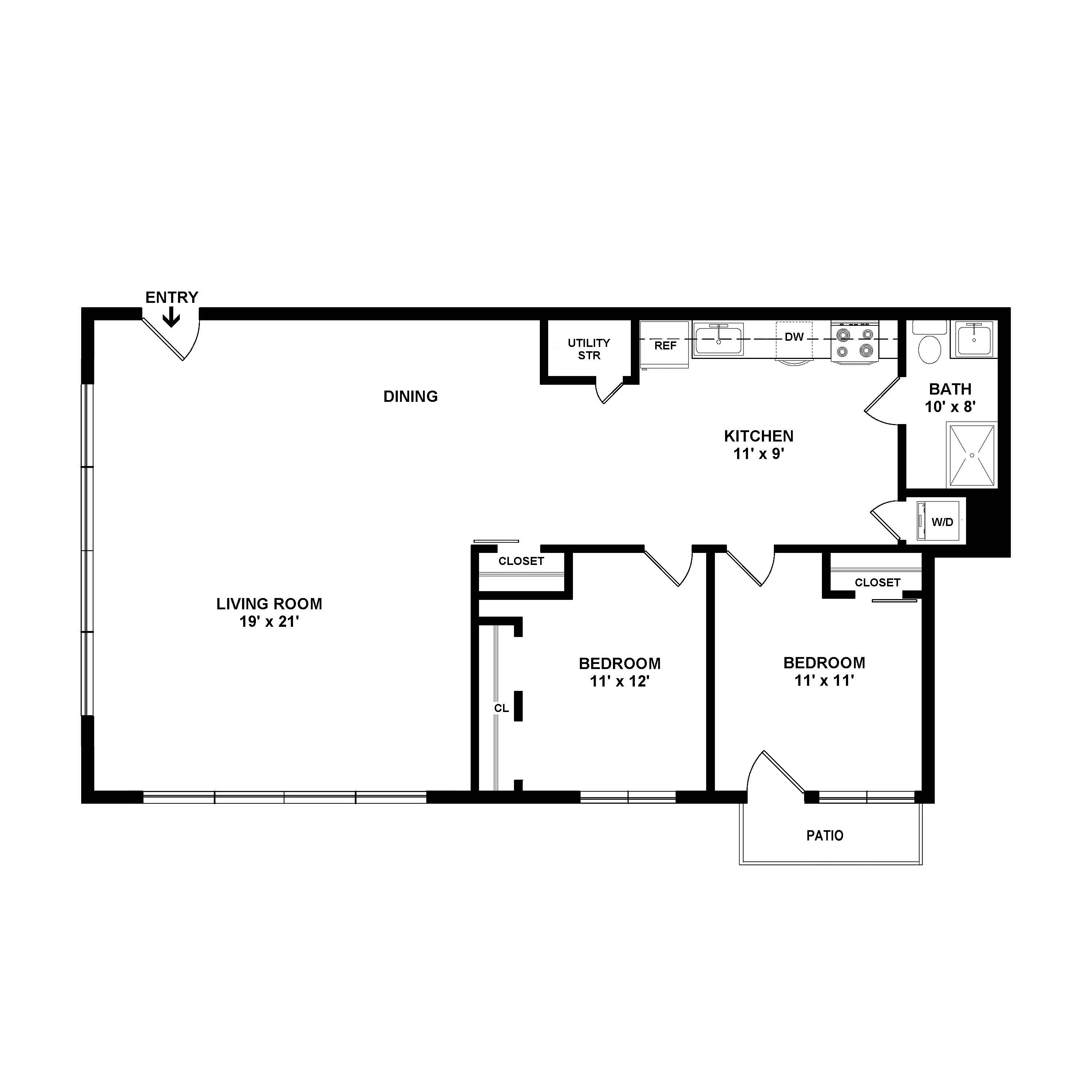 Charming floor plan featuring 2 bedrooms, a spacious living room, modern kitchen, and access to a private patio.