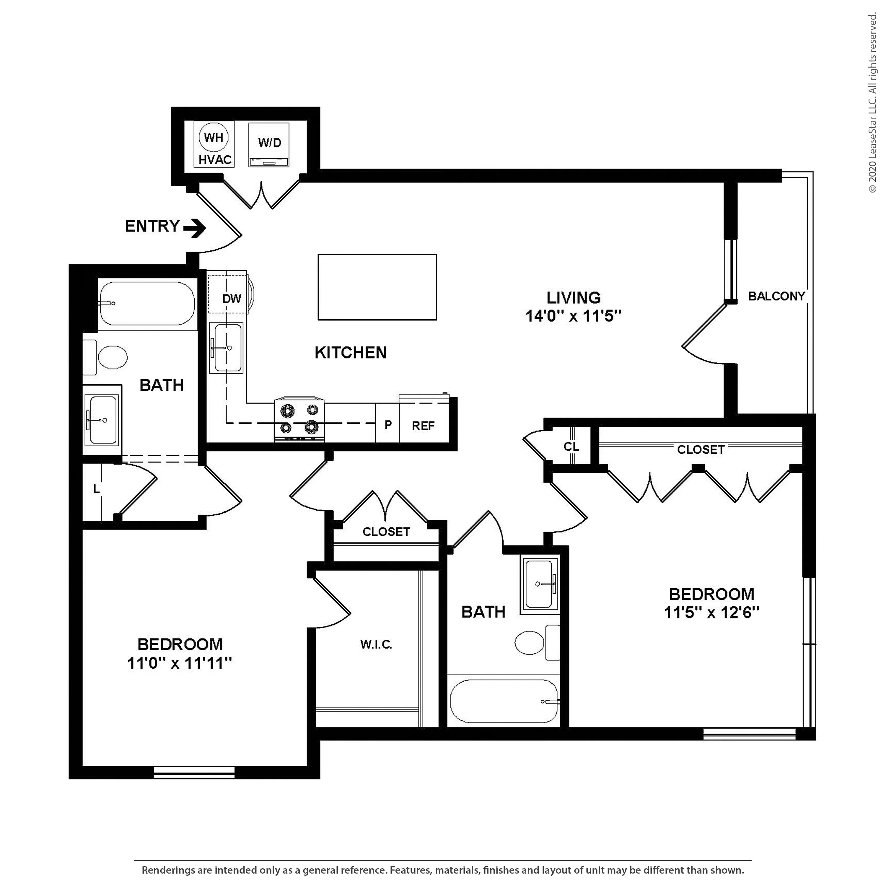 Modern and spacious 2-bedroom, 2-bathroom floor plan featuring an open kitchen with island, expansive living area, and private balcony.