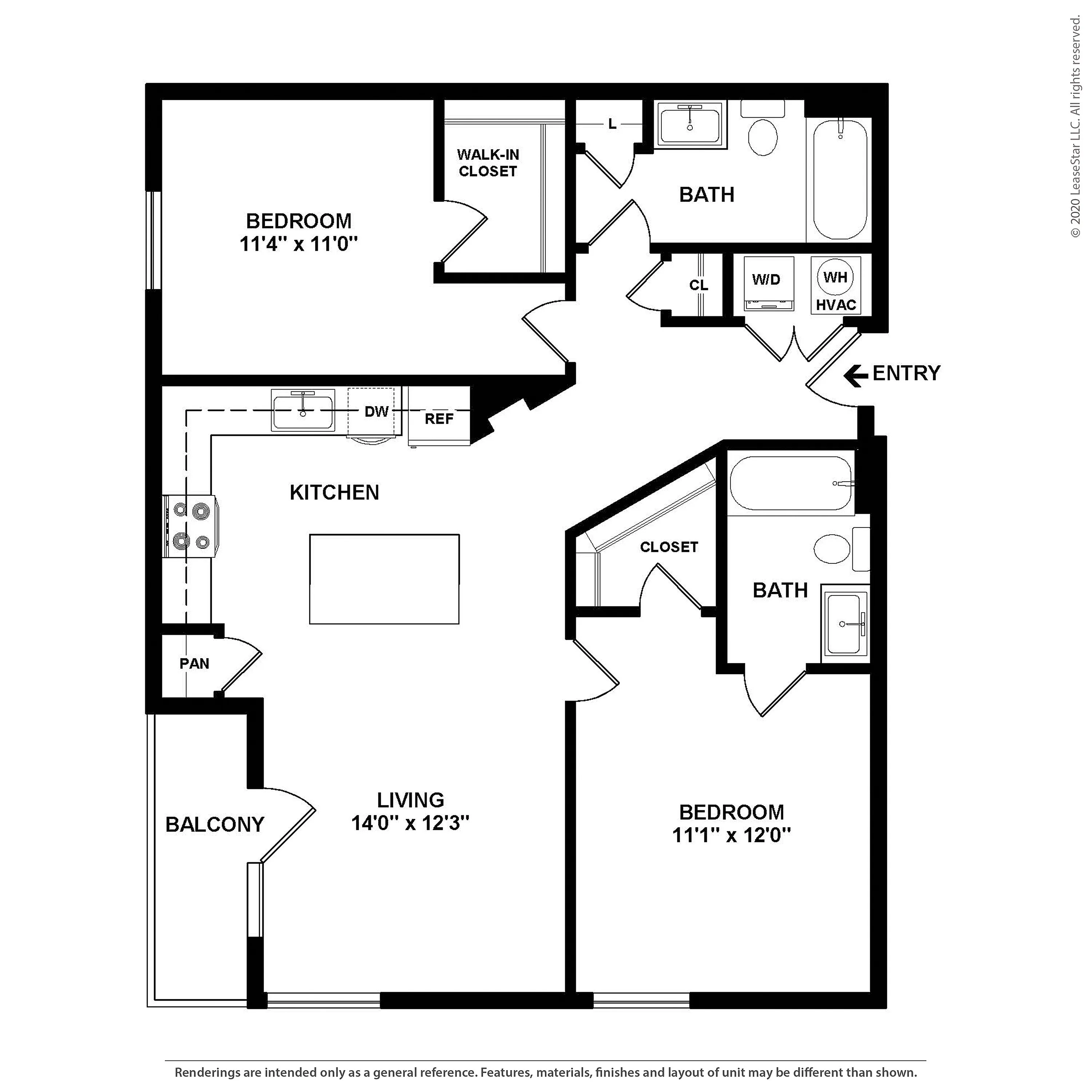 Modern 2D floor plan showcases a sophisticated two-bedroom layout with two bathrooms, an open kitchen with island, spacious living area, and private balcony. Includes convenient walk-in closet and laundry space.