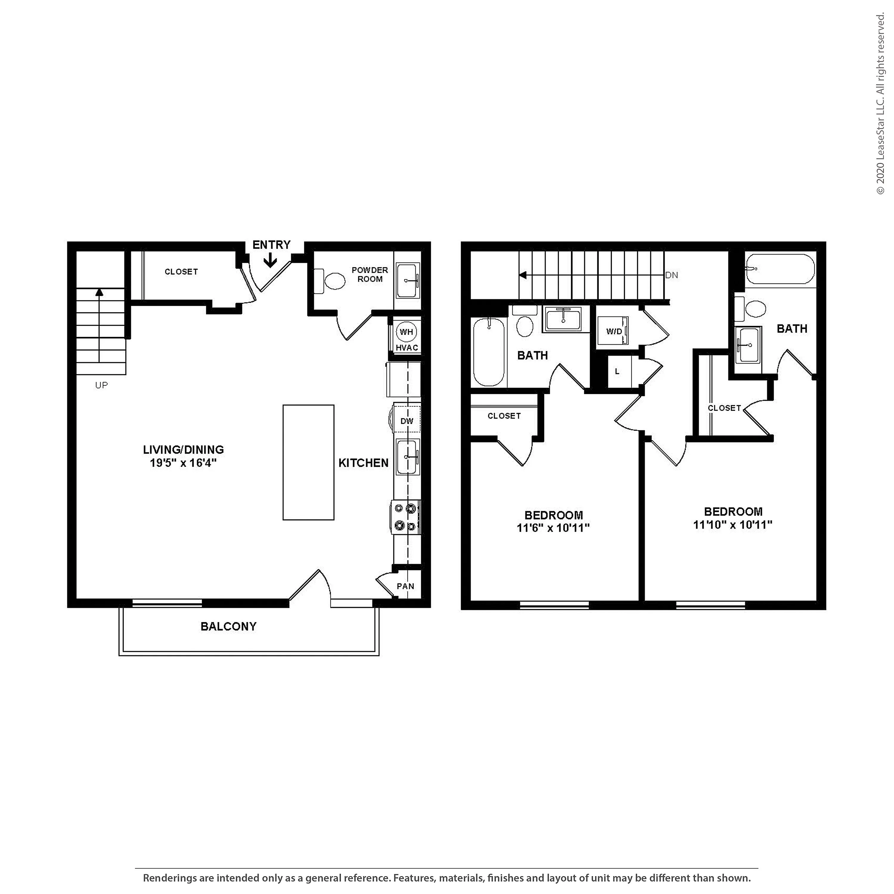 Modern two-story floor plan with an open living and dining area, spacious kitchen, two cozy bedrooms, and dual bathrooms, featuring a balcony.