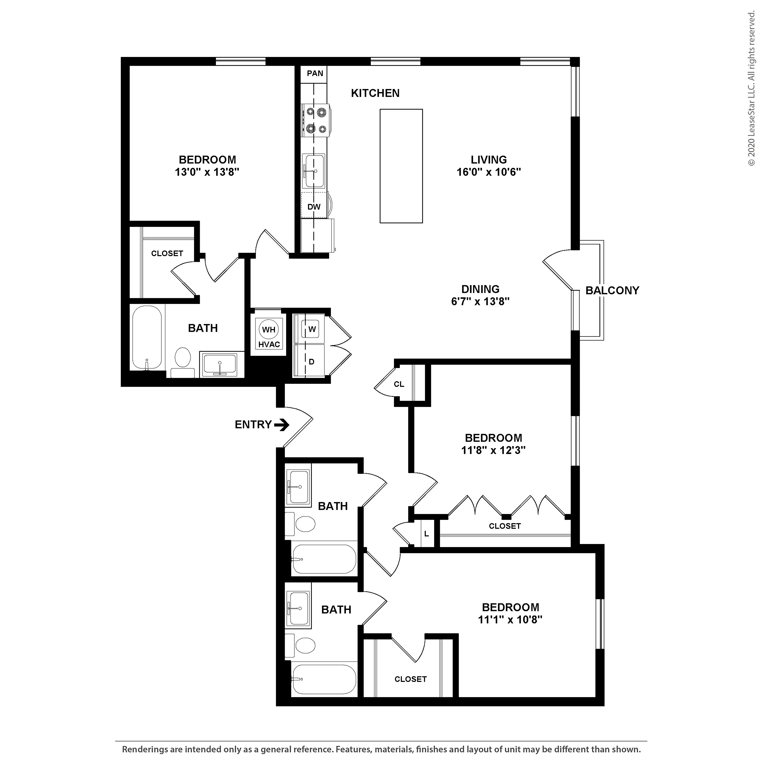 Sleek and modern floor plan showcasing 3 spacious bedrooms, an open kitchen, dining area, and inviting balcony, perfect for stylish living.