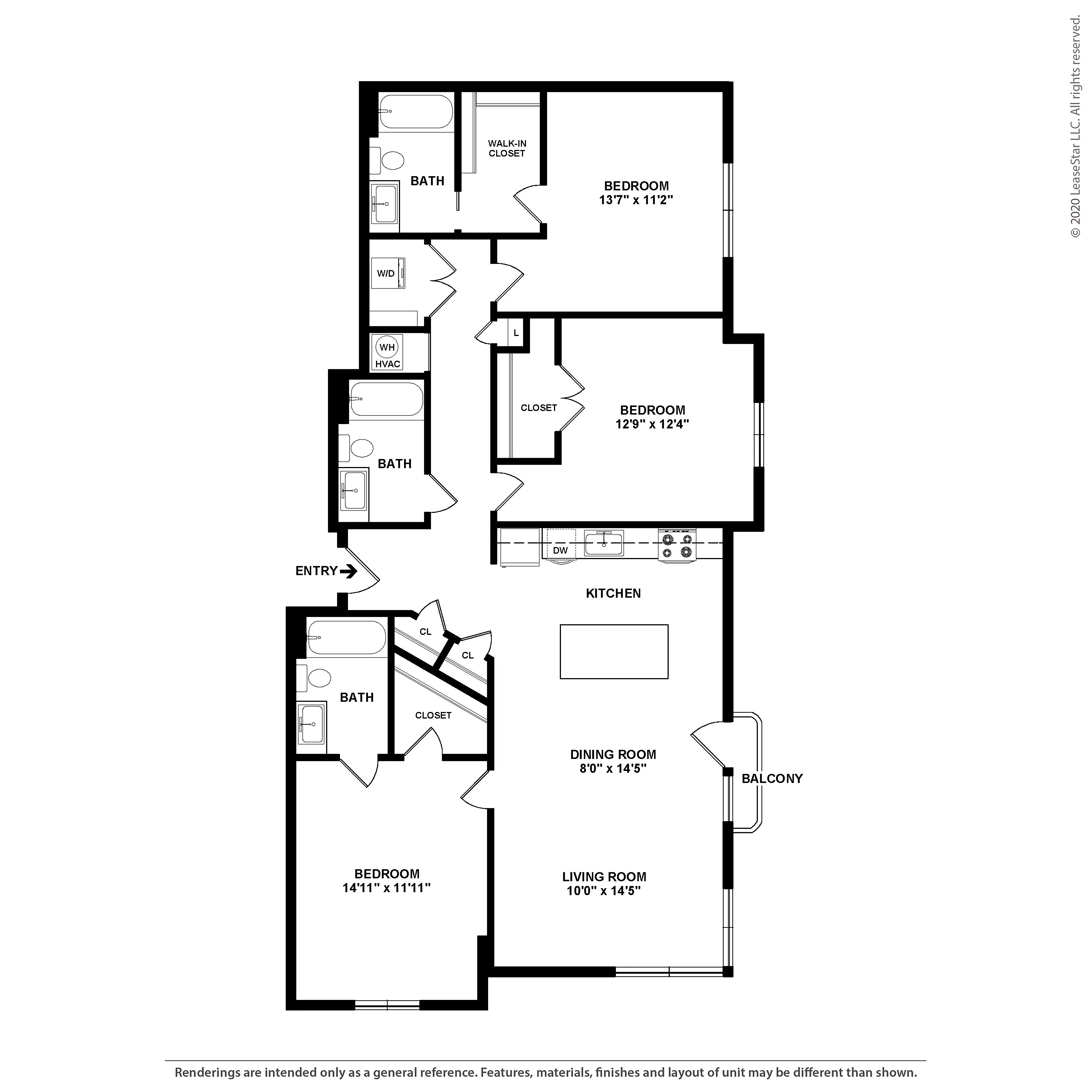 Modern 3-bedroom, 3-bathroom floor plan showcasing an open kitchen and living area, with a balcony for added outdoor space.