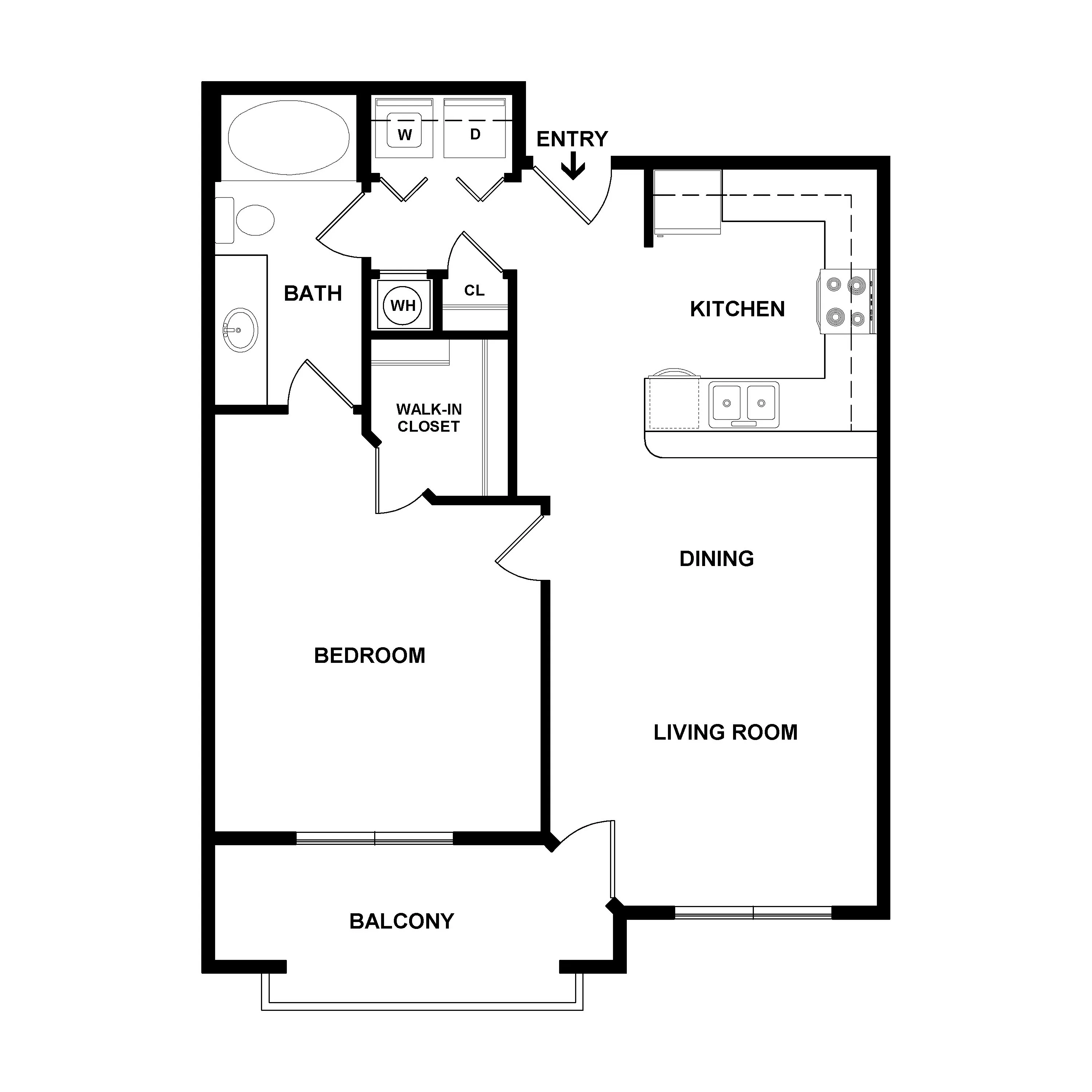Modern floor plan featuring a spacious one-bedroom layout with open-concept kitchen, dining, and living areas, complete with a balcony for outdoor relaxation.