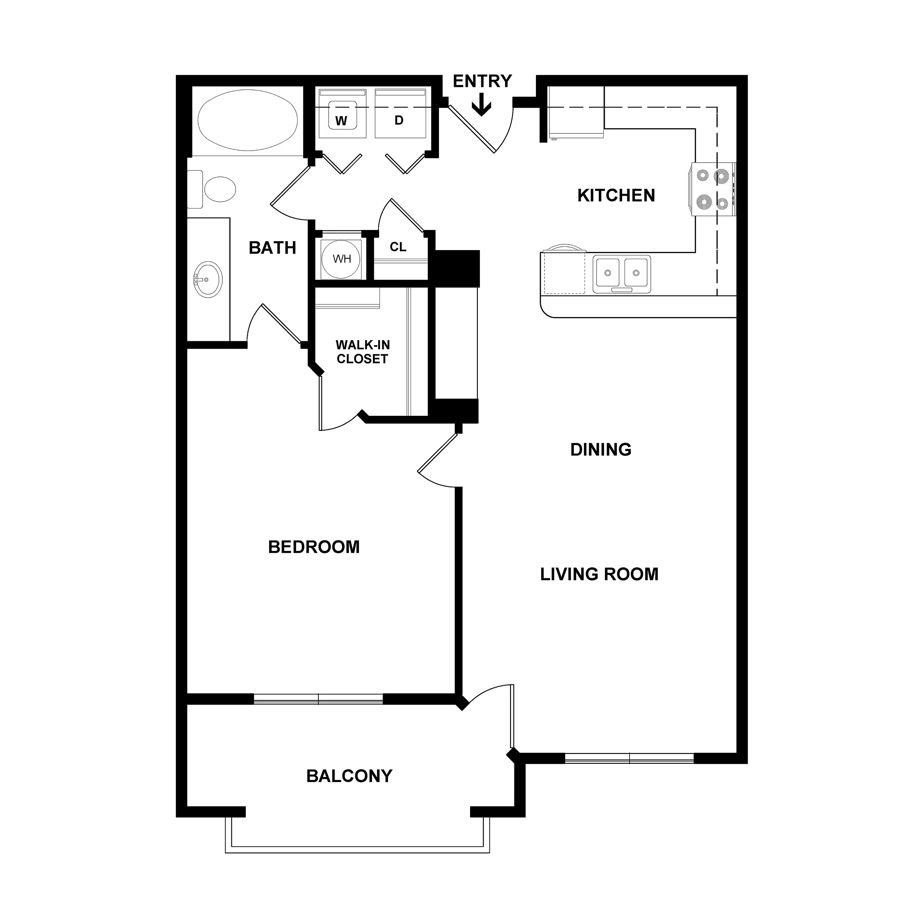 Elegant floor plan showcasing a spacious one-bedroom apartment, featuring an open kitchen, airy living-dining area, walk-in closet, and private balcony.