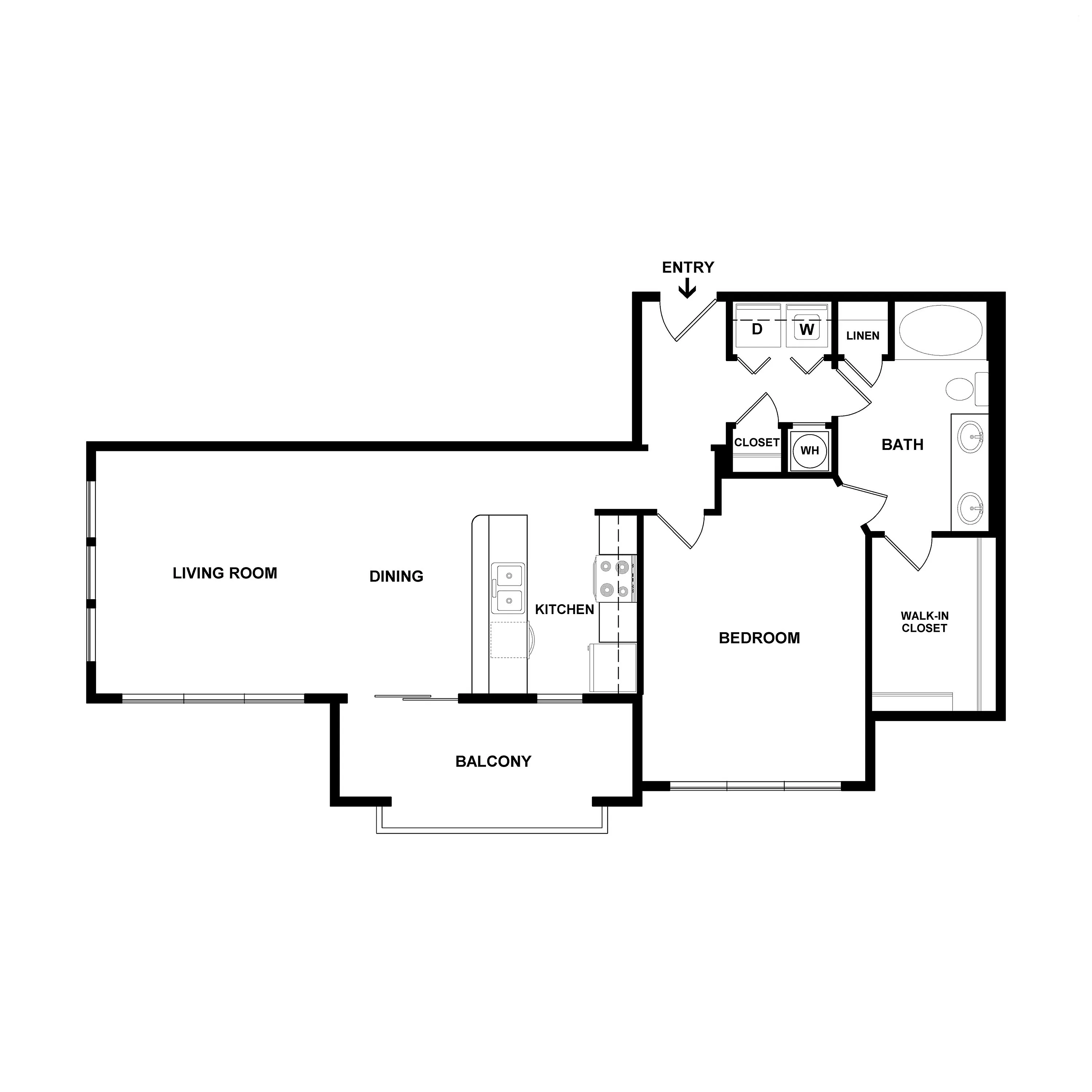 Modern floor plan showcasing an open-concept living and dining area, a sleek kitchen, a spacious bedroom with walk-in closet, and a luxurious bath. Includes a private balcony for outdoor relaxation.