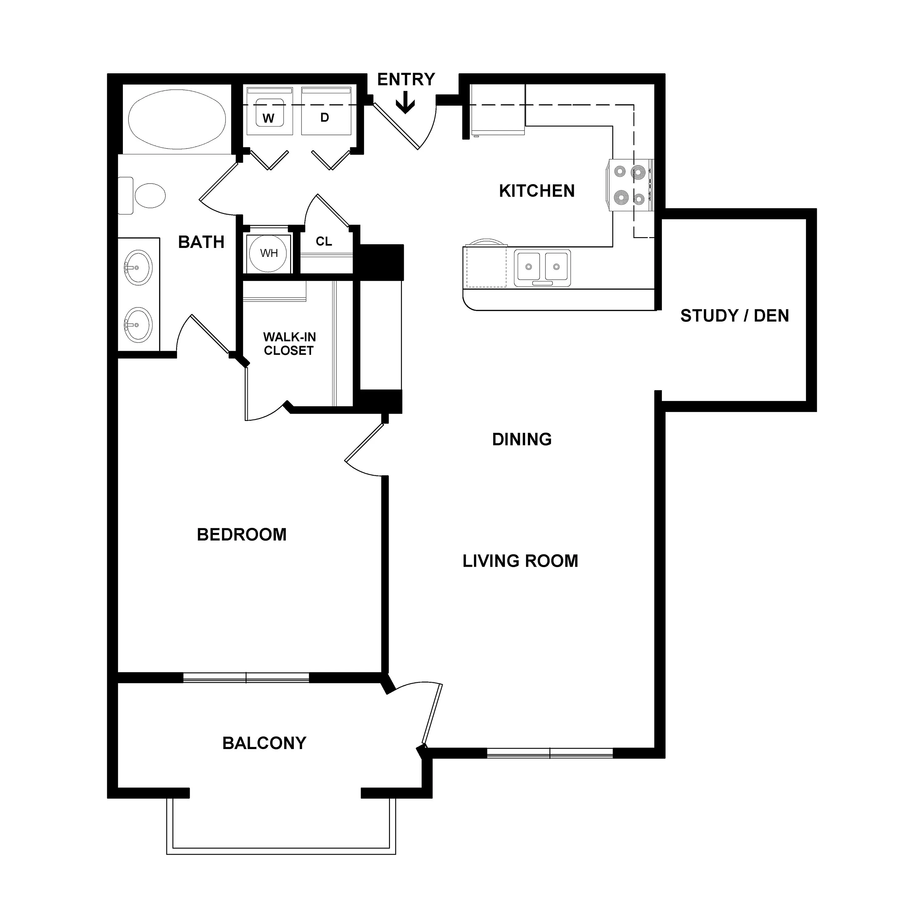 Modern apartment floor plan showcasing 1 bedroom, a spacious living and dining area, an inviting kitchen, and a private balcony, complemented by a study/den area.