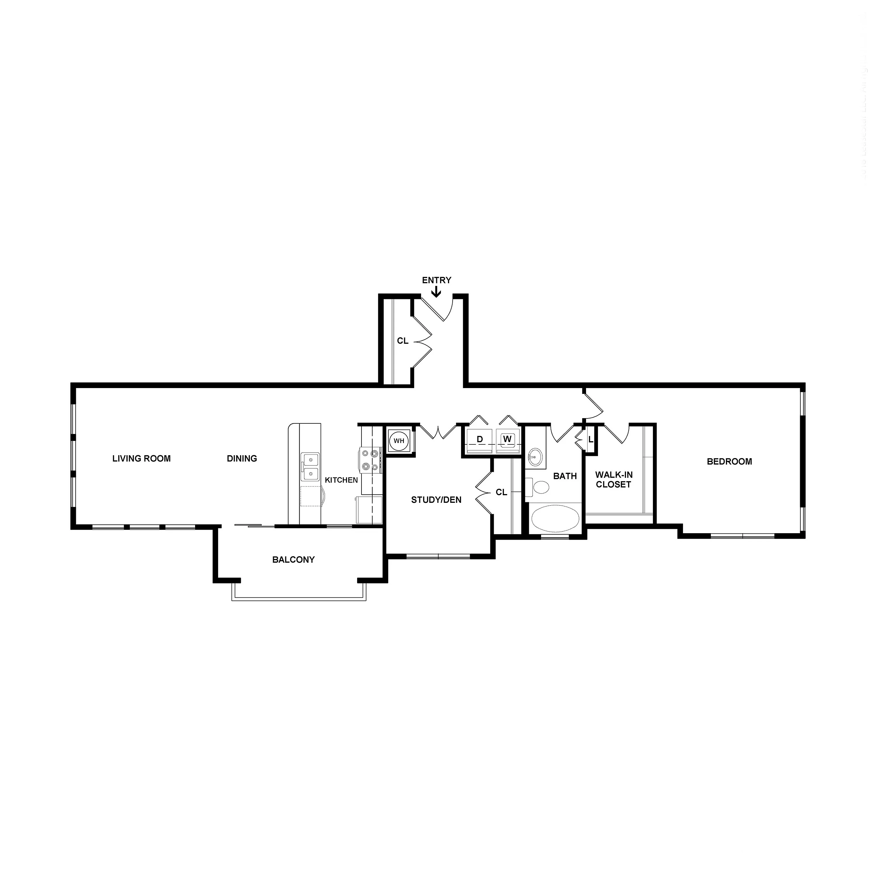 Modern 2D floor plan featuring a spacious bedroom with a walk-in closet, open living and dining area, well-equipped kitchen, study/den, and balcony access.
