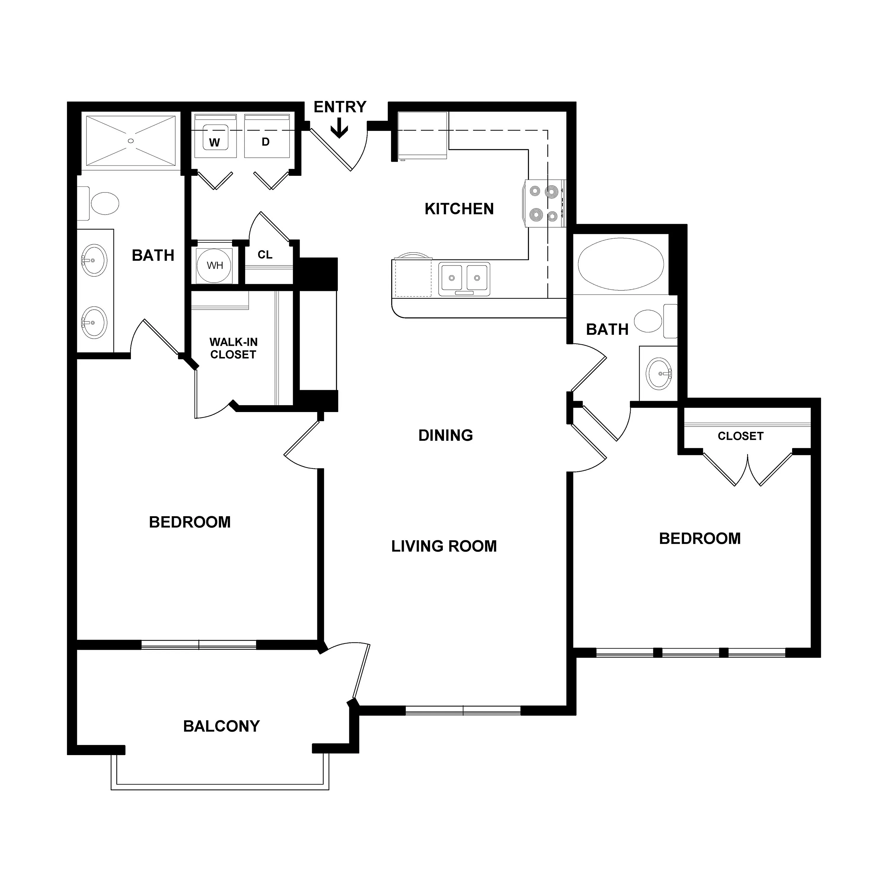 Chic floor plan featuring 2 bedrooms, 2 baths, a modern kitchen, and spacious living room with a balcony.