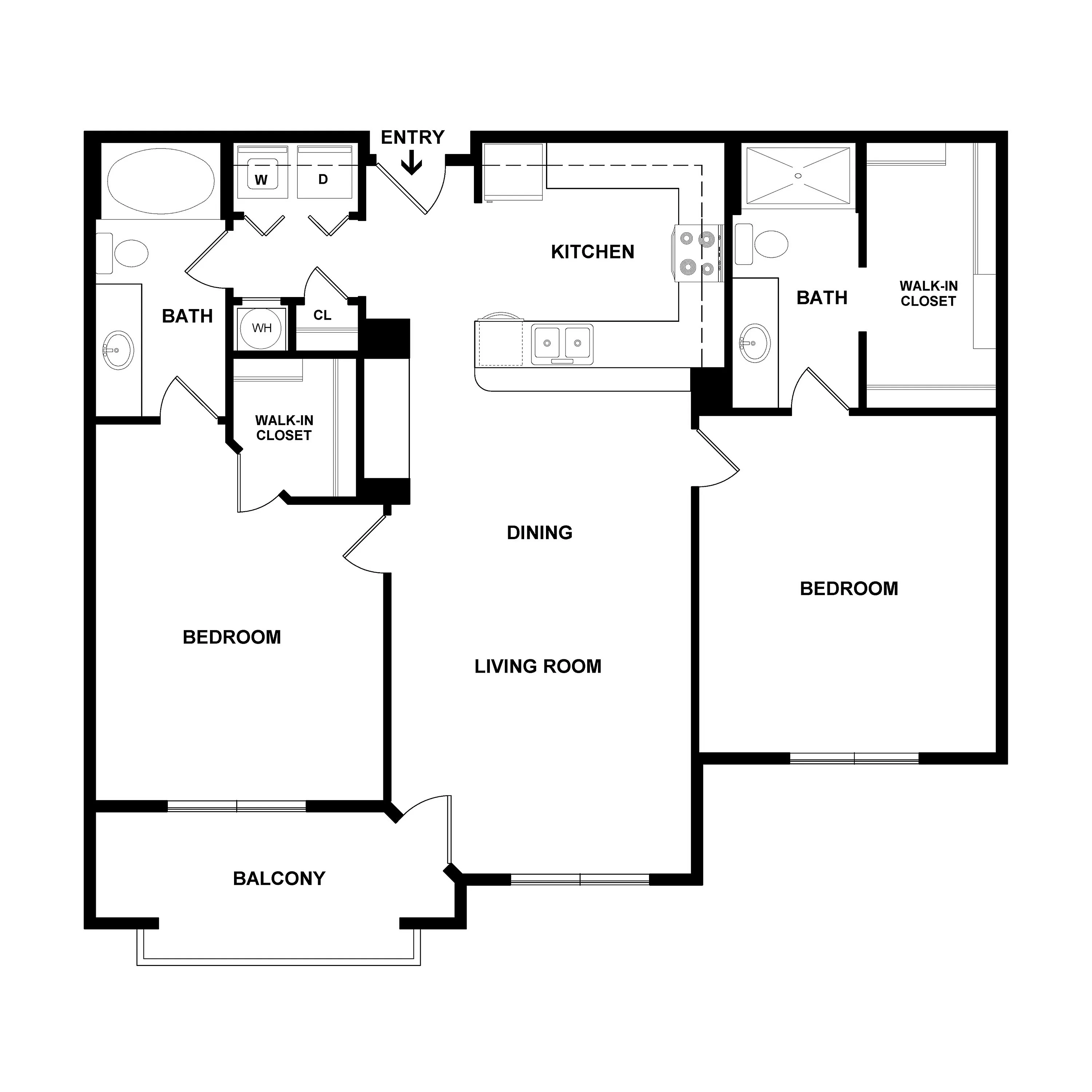 Modern floor plan showcasing 2 spacious bedrooms, open living room with dining area, sleek kitchen, and inviting balcony.