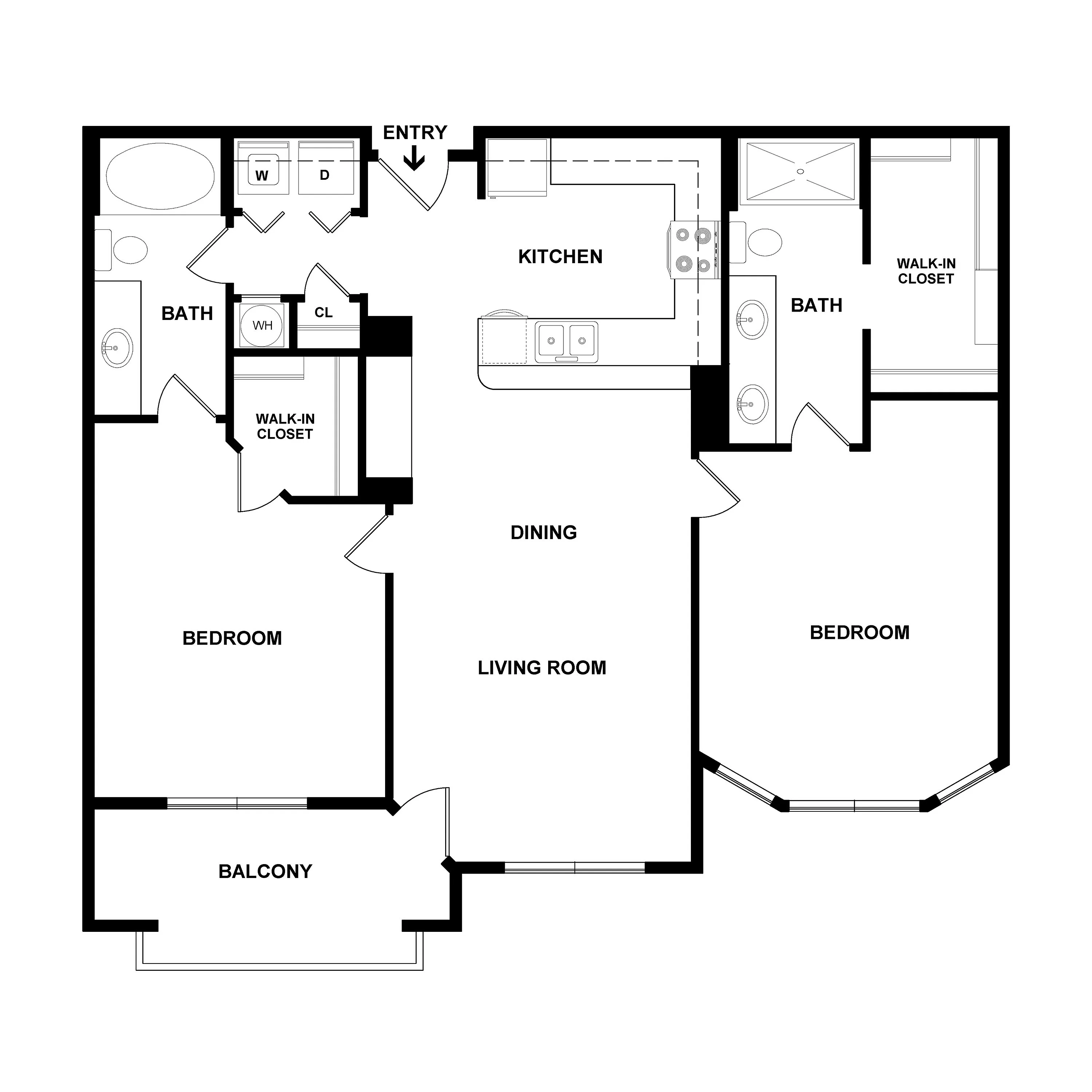 Modern floor plan showcasing two spacious bedrooms, an open-concept living and dining area, and a stylish kitchen with ample counter space. Features two bathrooms, walk-in closets, and a private balcony for outdoor relaxation.