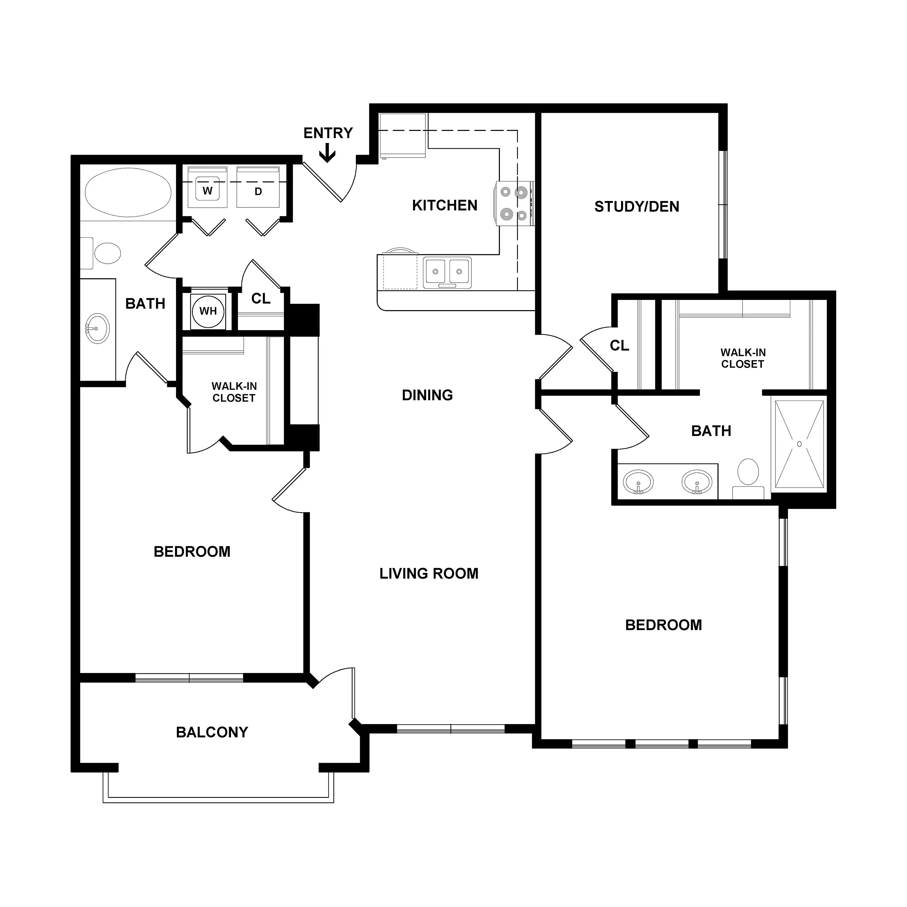 Modern floor plan showcasing 2 bedrooms, open kitchen, dining area, and spacious living room with balcony access.