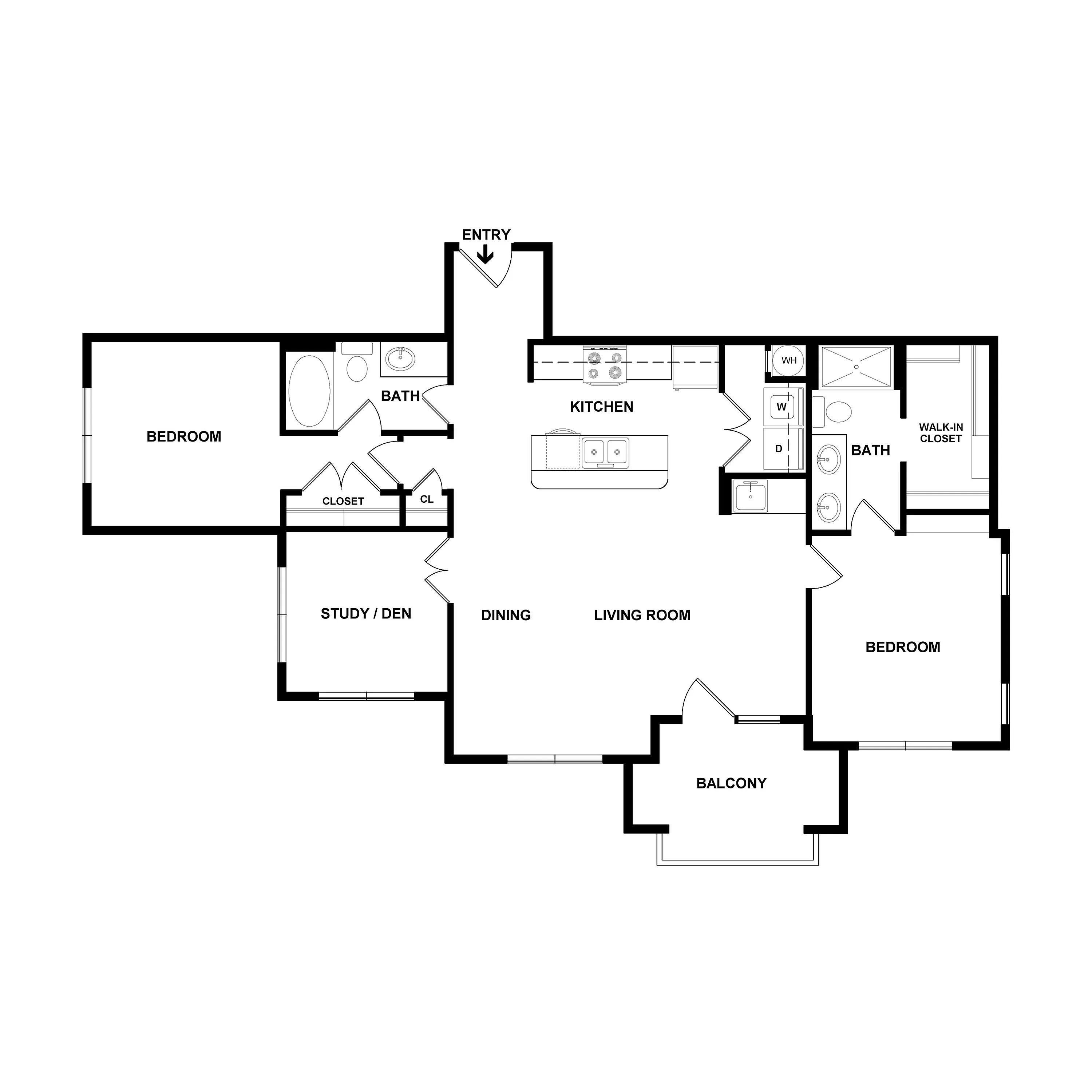 Elegant floor plan featuring 2 bedrooms, modern kitchen, spacious living room with dining area, study/den, and a charming balcony for outdoor enjoyment.