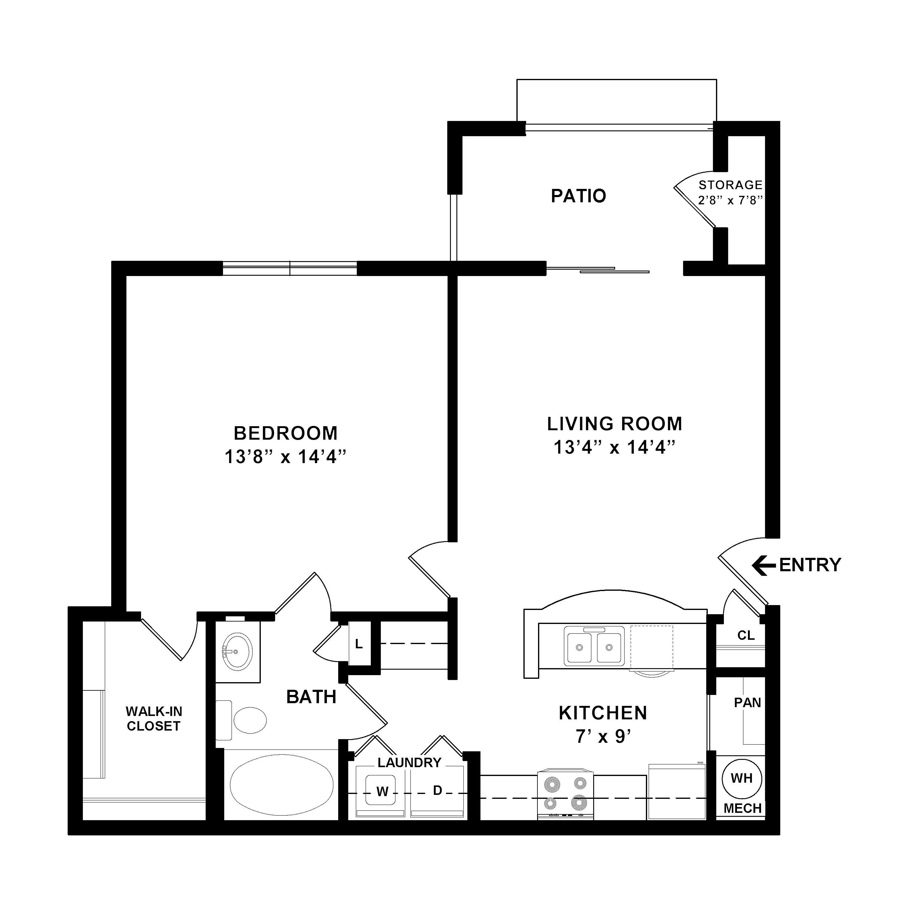 Charming floor plan showcasing a spacious 1-bedroom apartment with a generous living room, modern kitchen, patio, and convenient storage area.