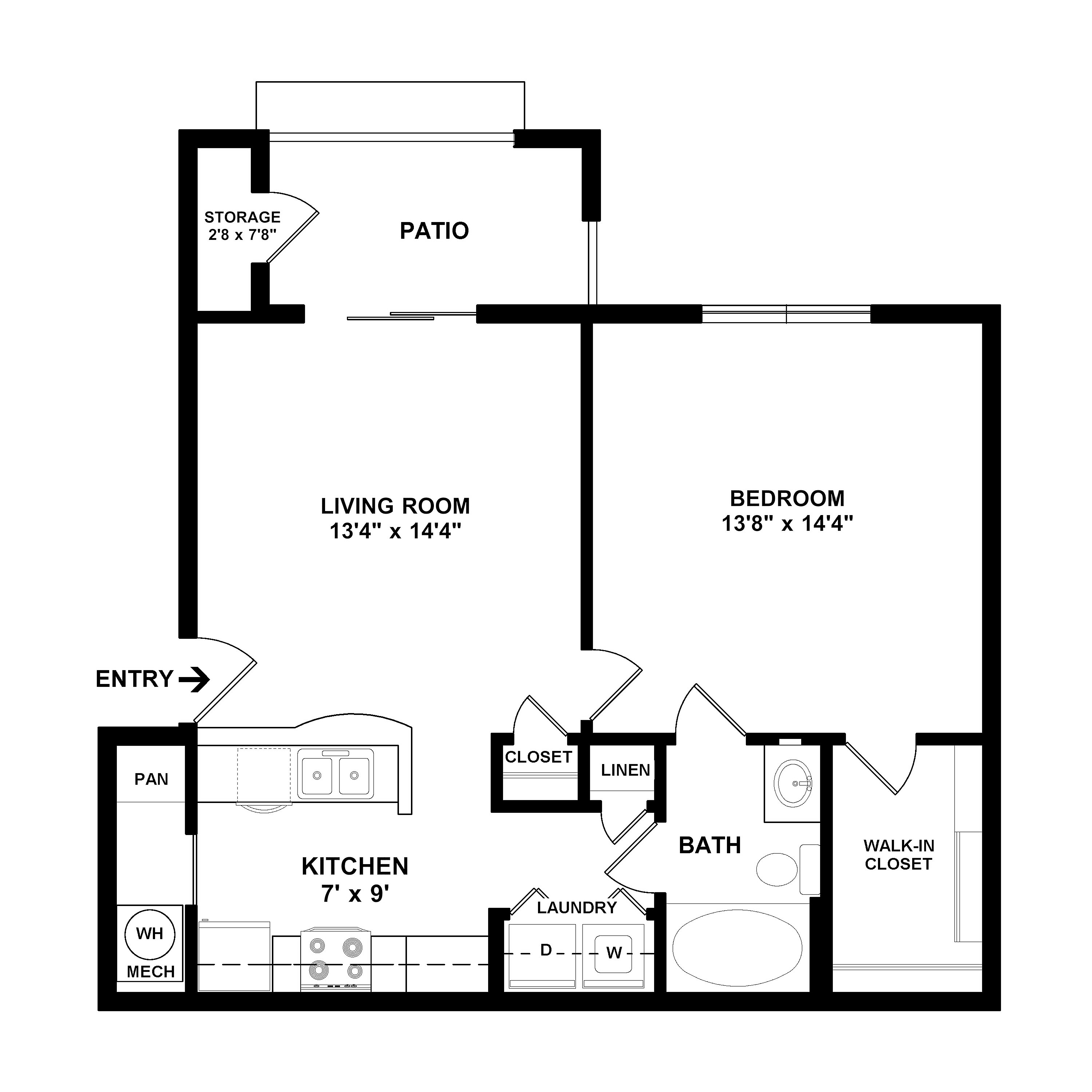 Modern apartment floor plan with spacious bedroom, open living room connecting to a patio, functional kitchen, and convenient laundry area.