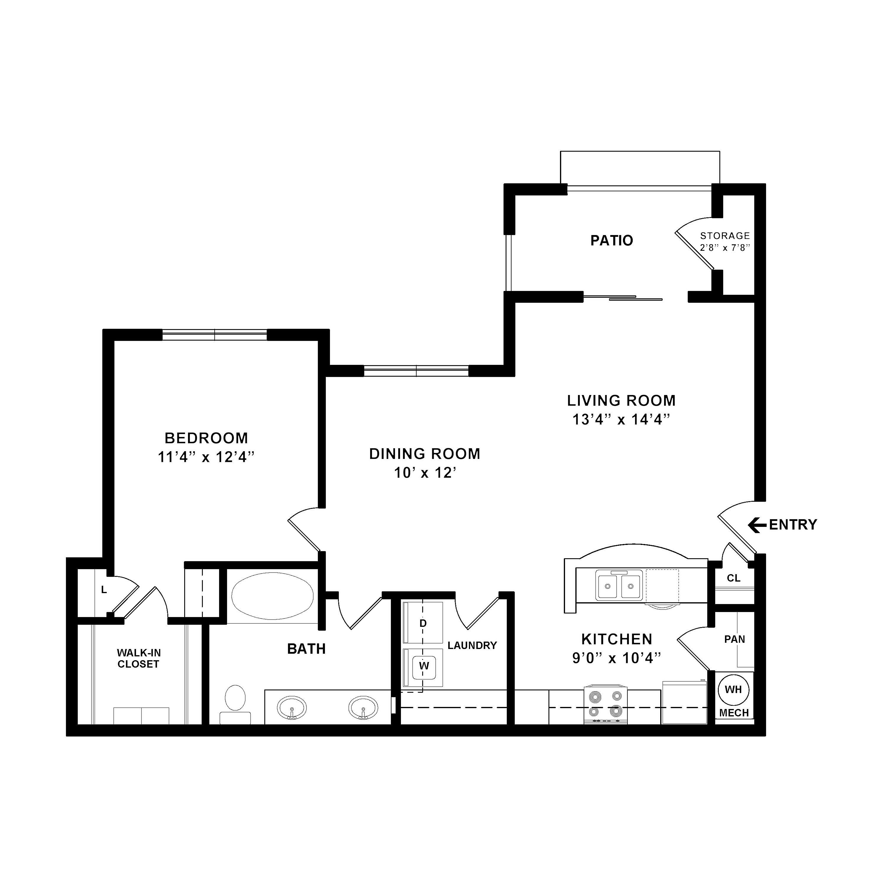Contemporary floor plan showcasing a spacious 1-bedroom apartment with a walk-in closet, open living and dining area, chic kitchen, laundry space, and private patio.