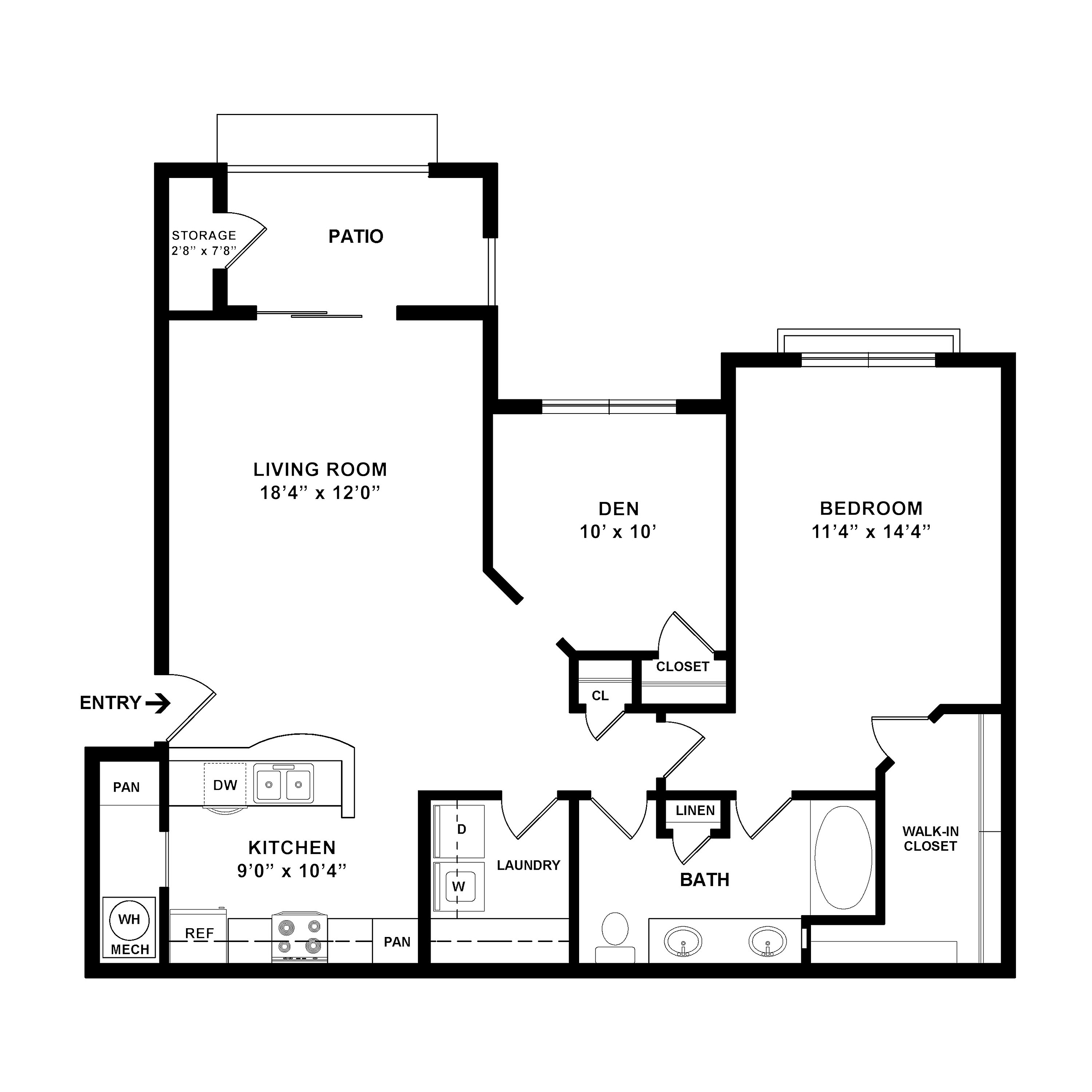 Modern floor plan featuring a spacious living room, a cozy den, one-bedroom with a walk-in closet, well-equipped kitchen, and private patio.
