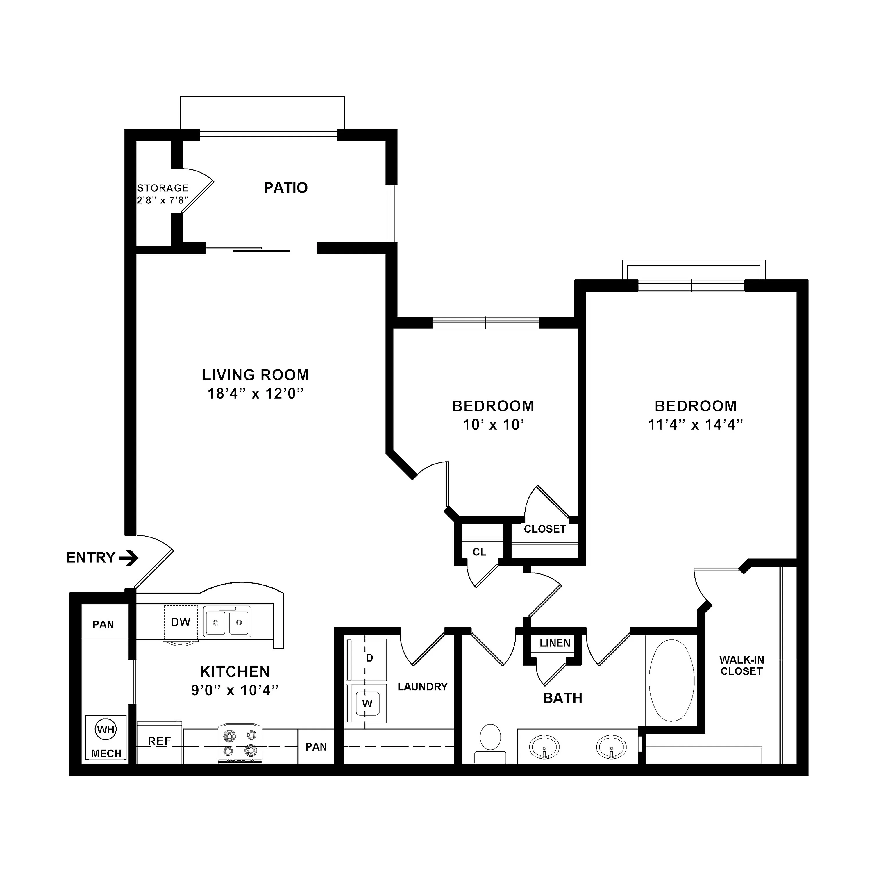 Modern floor plan showcasing a spacious living room, two cozy bedrooms, and a fully equipped kitchen with a charming patio perfect for relaxation.