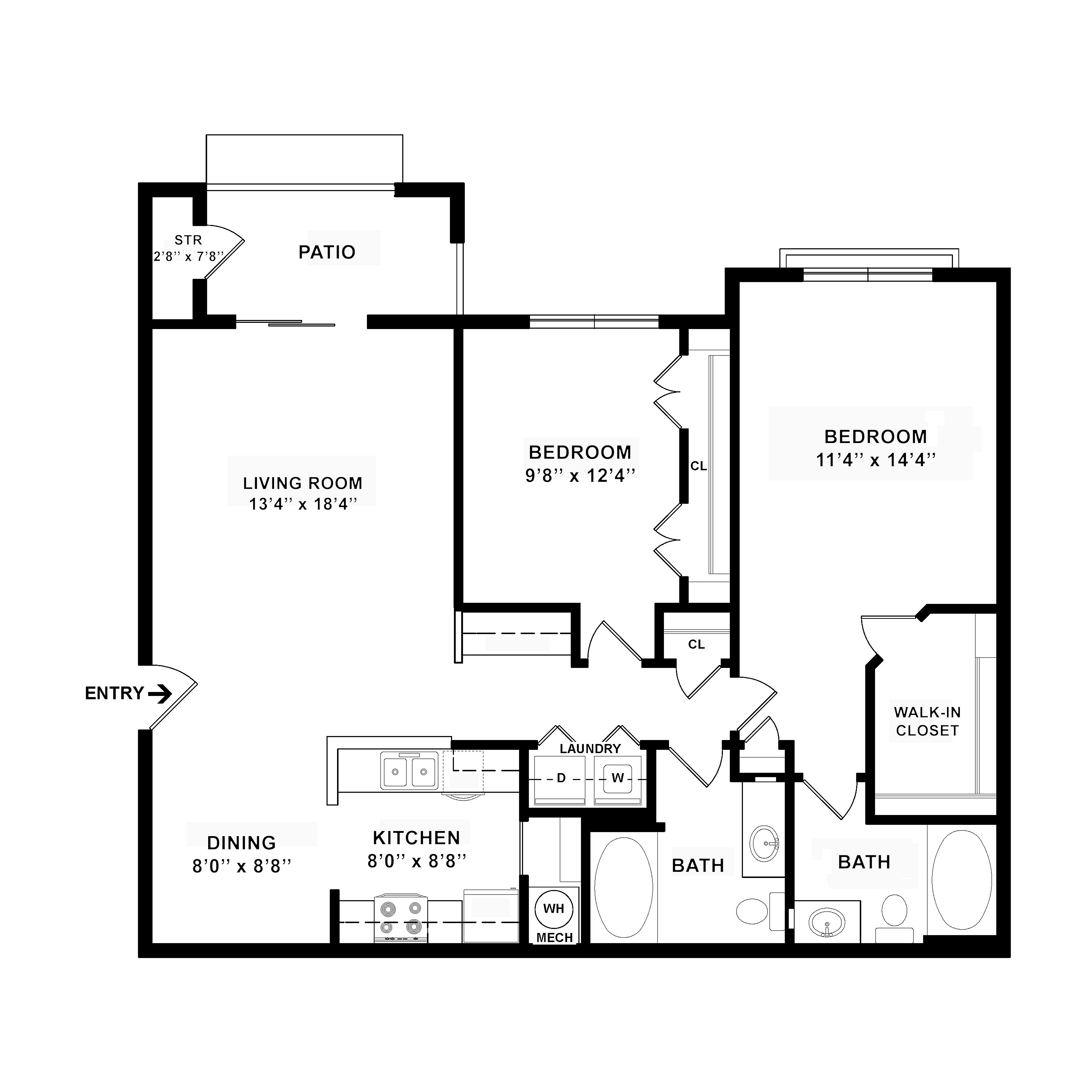 Modern 2-bedroom floor plan featuring a spacious living room, dining area, and kitchen. Includes two bathrooms, a walk-in closet, laundry area, and private patio for enhanced living comfort.